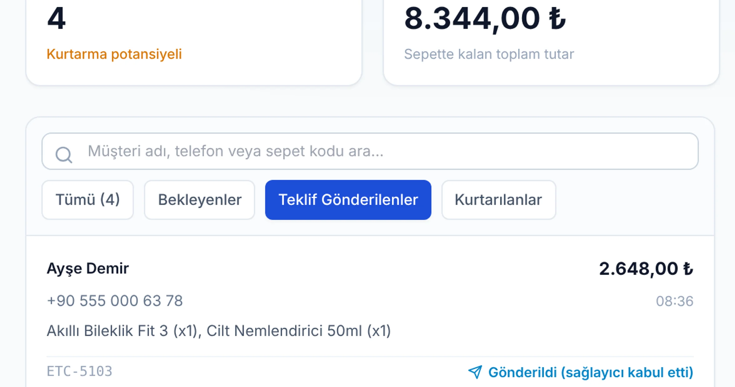 Teklif Gönderilenler için yakın görünüm