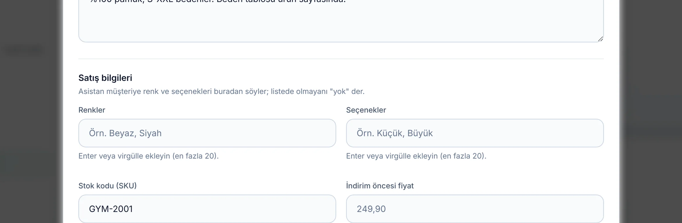 Satış bilgileri için yakın görünüm