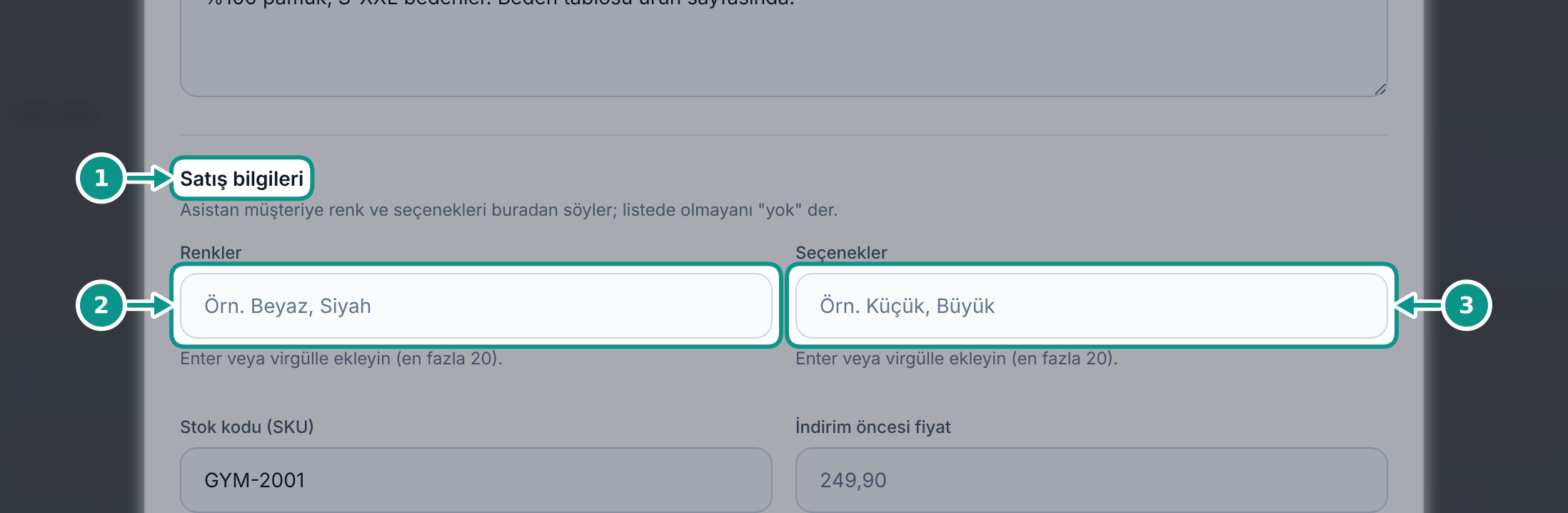 Ürüne renk, seçenek ve görsel bilgisi eklemek: Renkleri ve seçenekleri tanımlayın