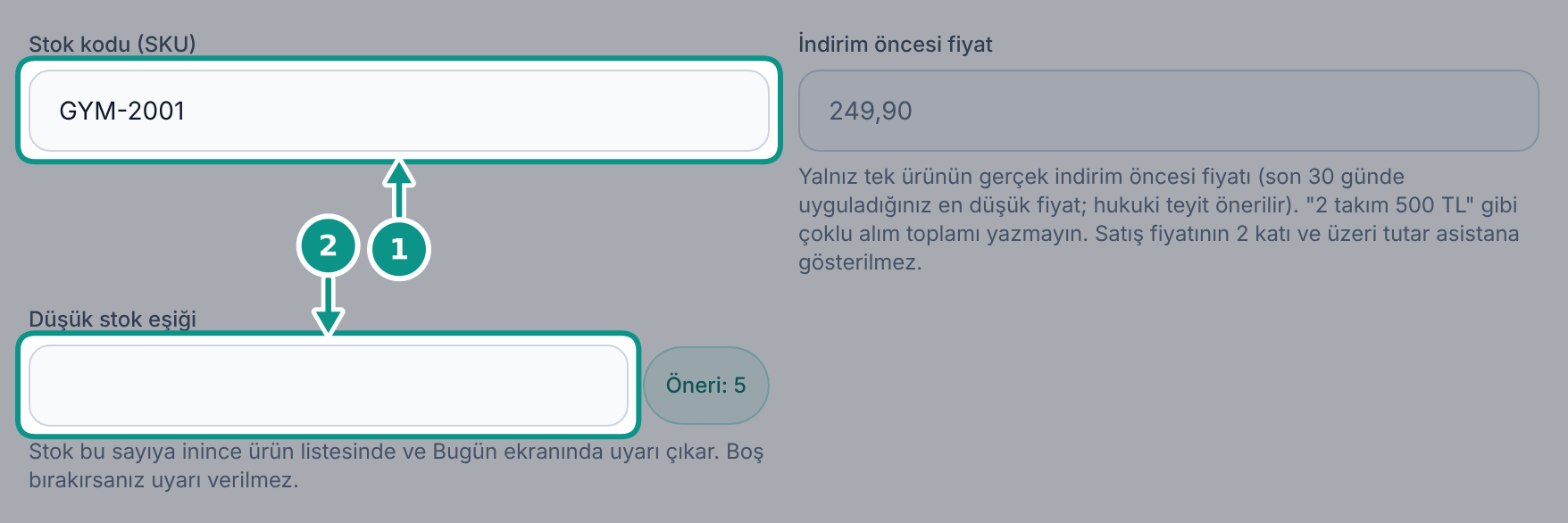 Ürüne renk, seçenek ve görsel bilgisi eklemek: Stok kodunu ve düşük stok eşiğini kontrol edin