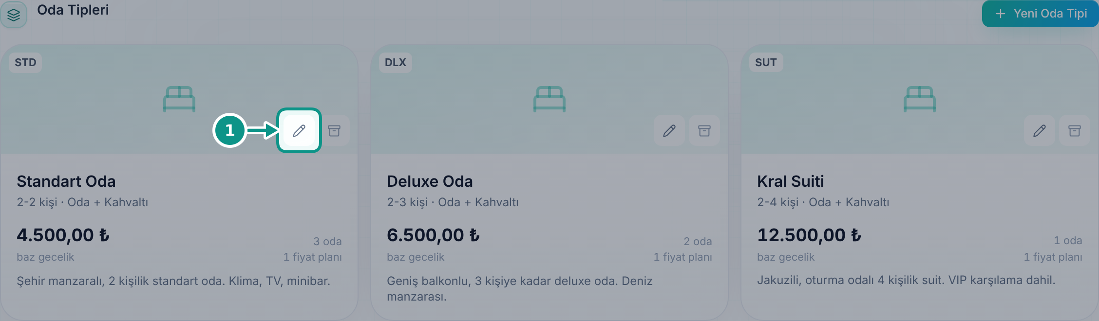 Oda tiplerini ve fiyat takvimini incelemek: Oda tipi formunu açın