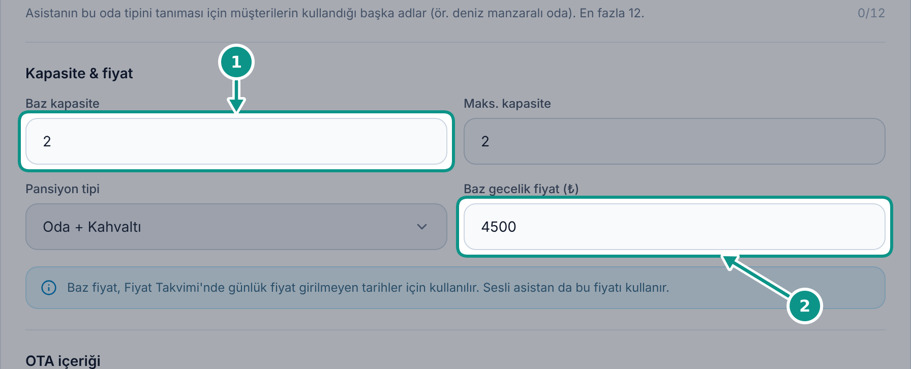 Oda tiplerini ve fiyat takvimini incelemek: Kapasite ve baz fiyatı okuyun