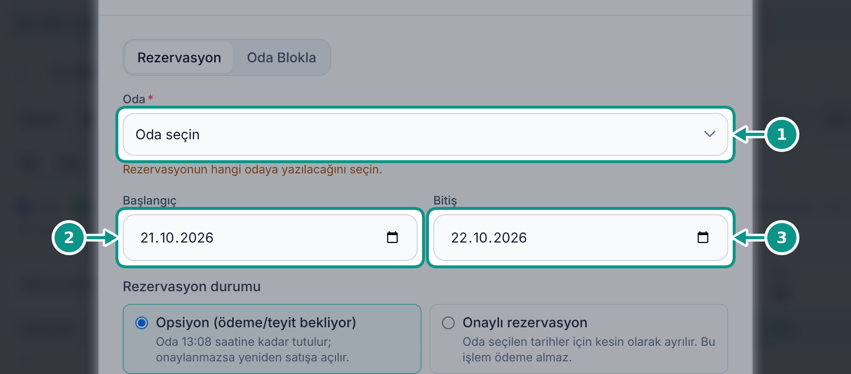 Yeni otel rezervasyonu formunu tanımak: Odayı ve tarihleri kontrol edin