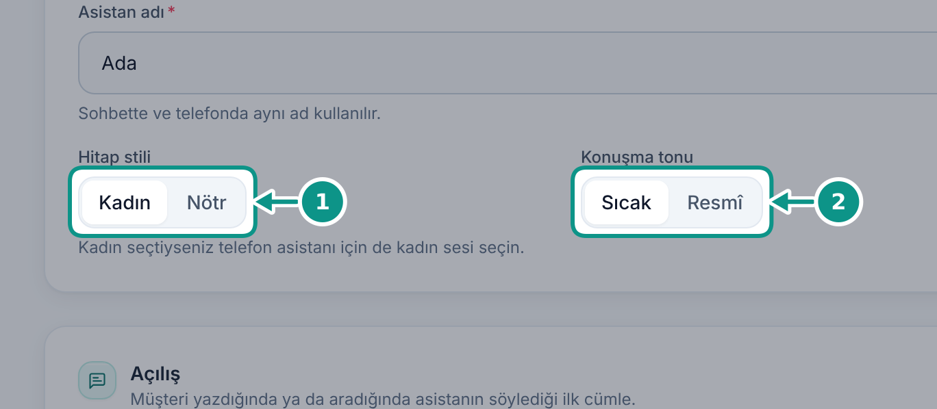Asistanın adını ve konuşma biçimini ayarlamak: Hitap stilini ve tonu karşılaştırın