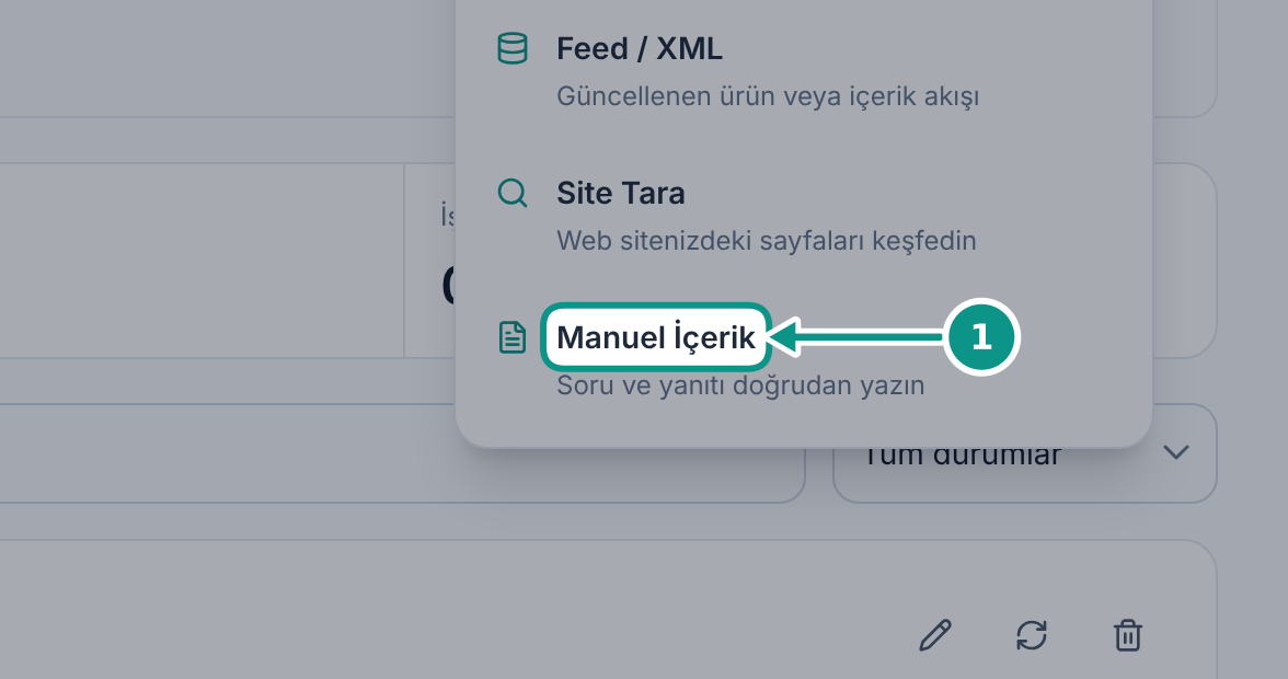 Bilgi Bankası ve Asistan Kurallarını kullanmak: Manuel içerik penceresini açın