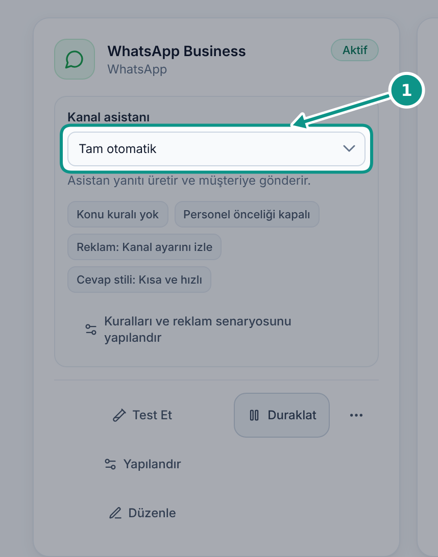 Kanalın asistan kipini seçmek: Kanal asistanını bulun