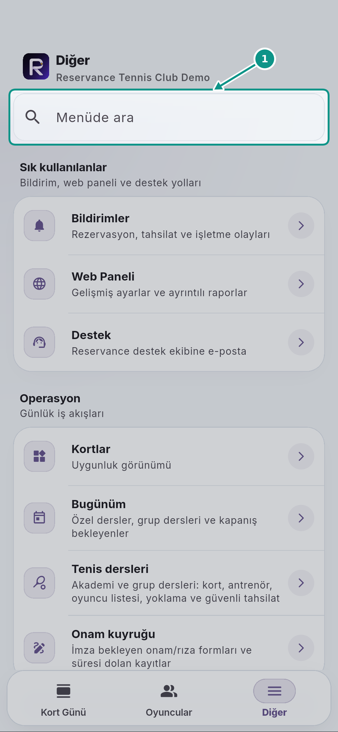 Antrenörün Bugünüm ekranında dersini bulması: Menüde arayın