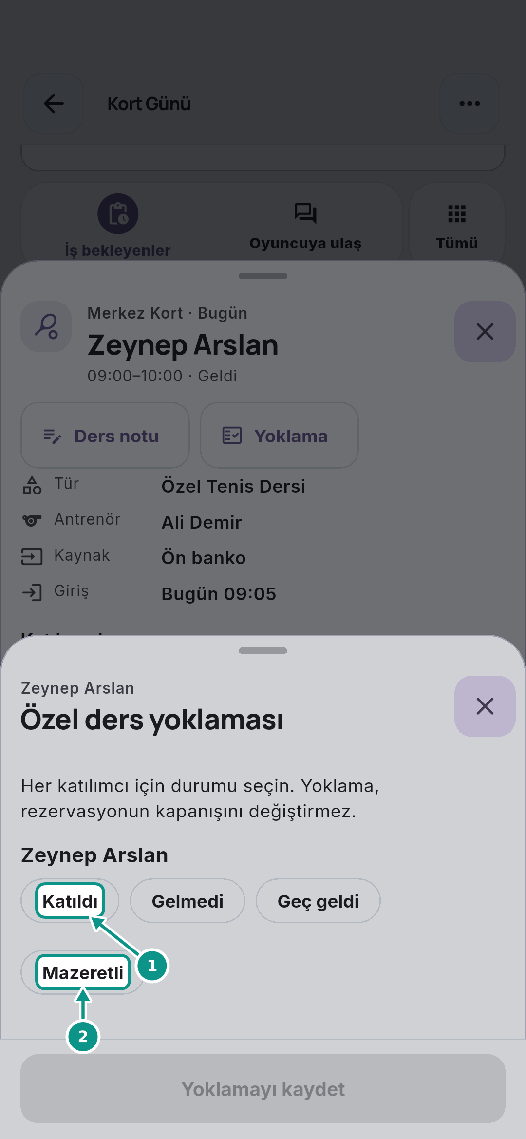 Antrenörün Bugünüm ekranında dersini bulması: Katılım seçeneklerini okuyun