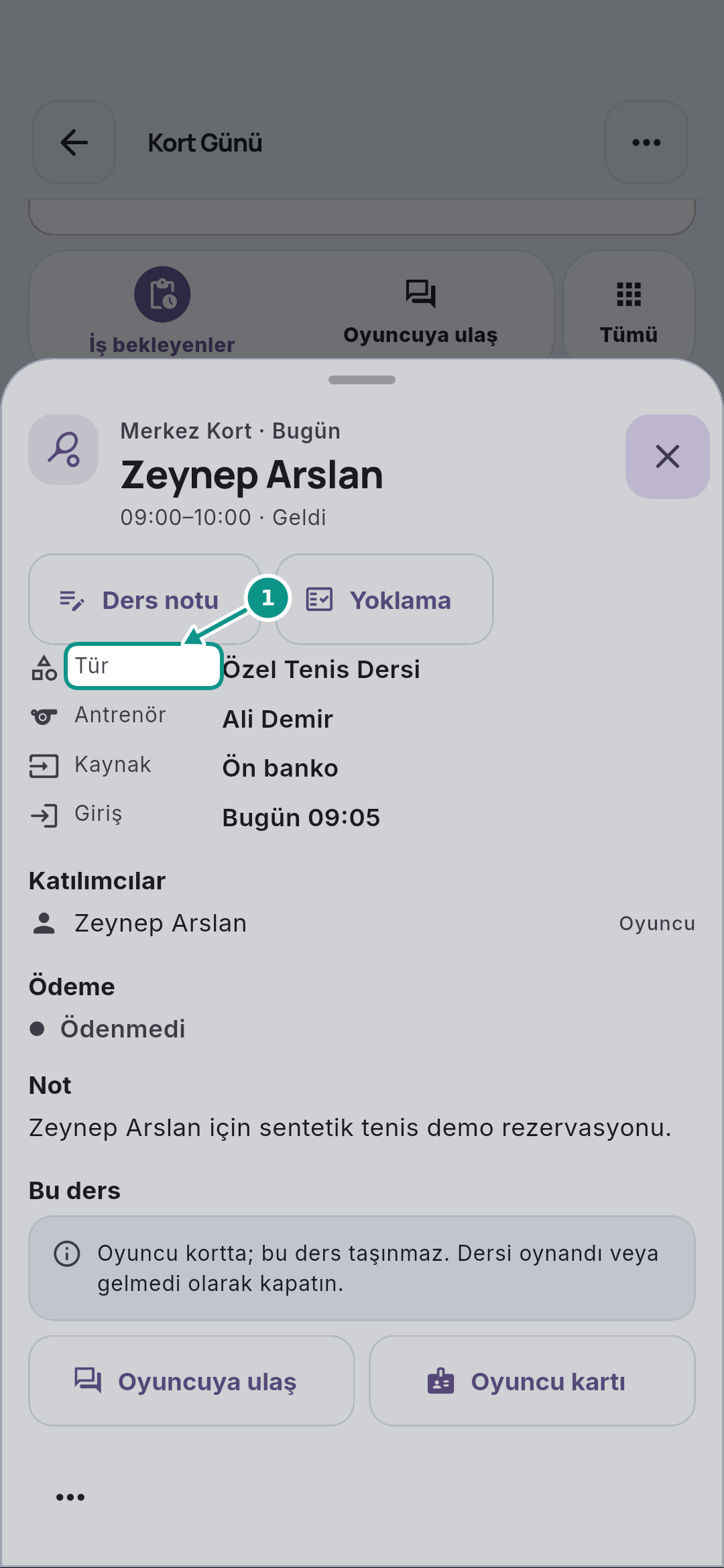 Antrenörün Bugünüm ekranında dersini bulması: Ders türünü doğrulayın