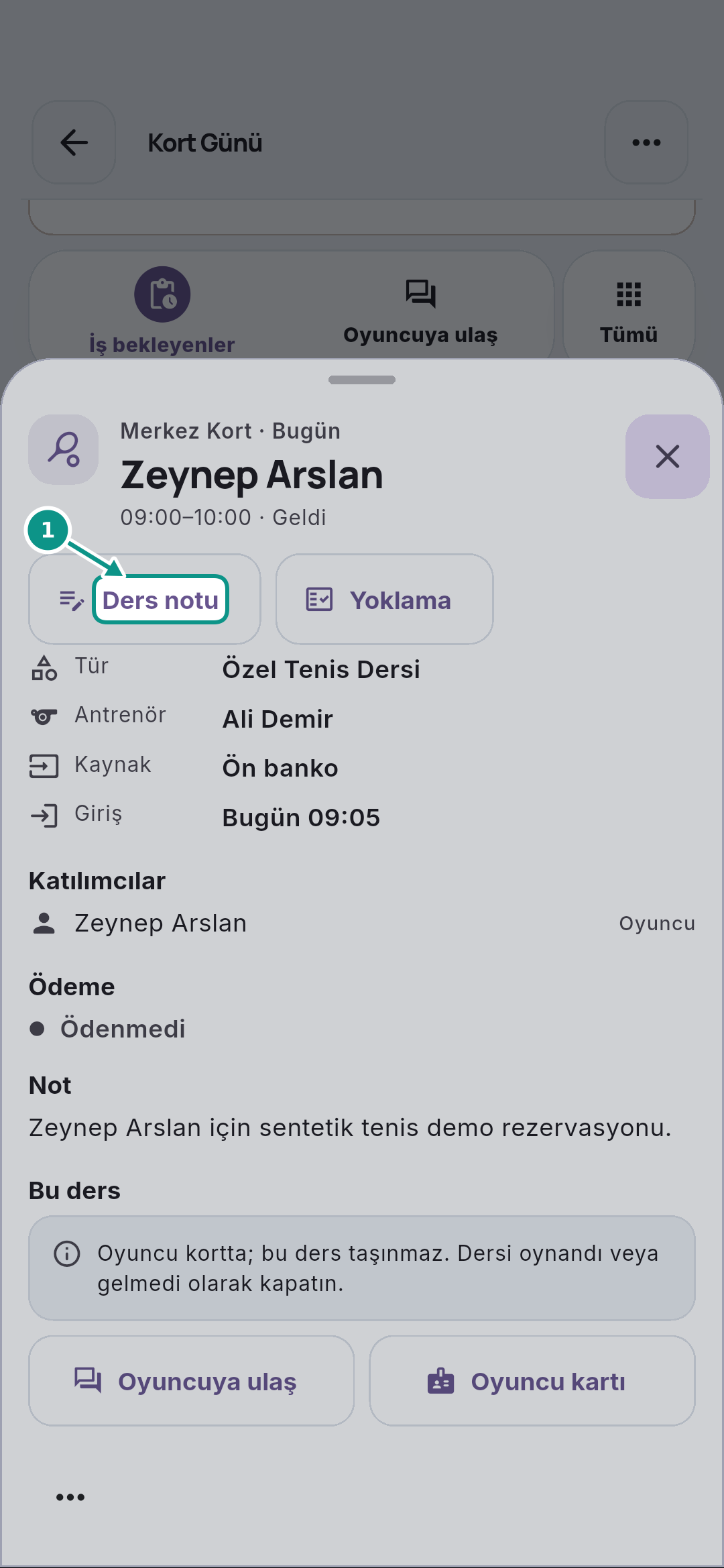 Antrenörün Bugünüm ekranında dersini bulması: Not alanını açın