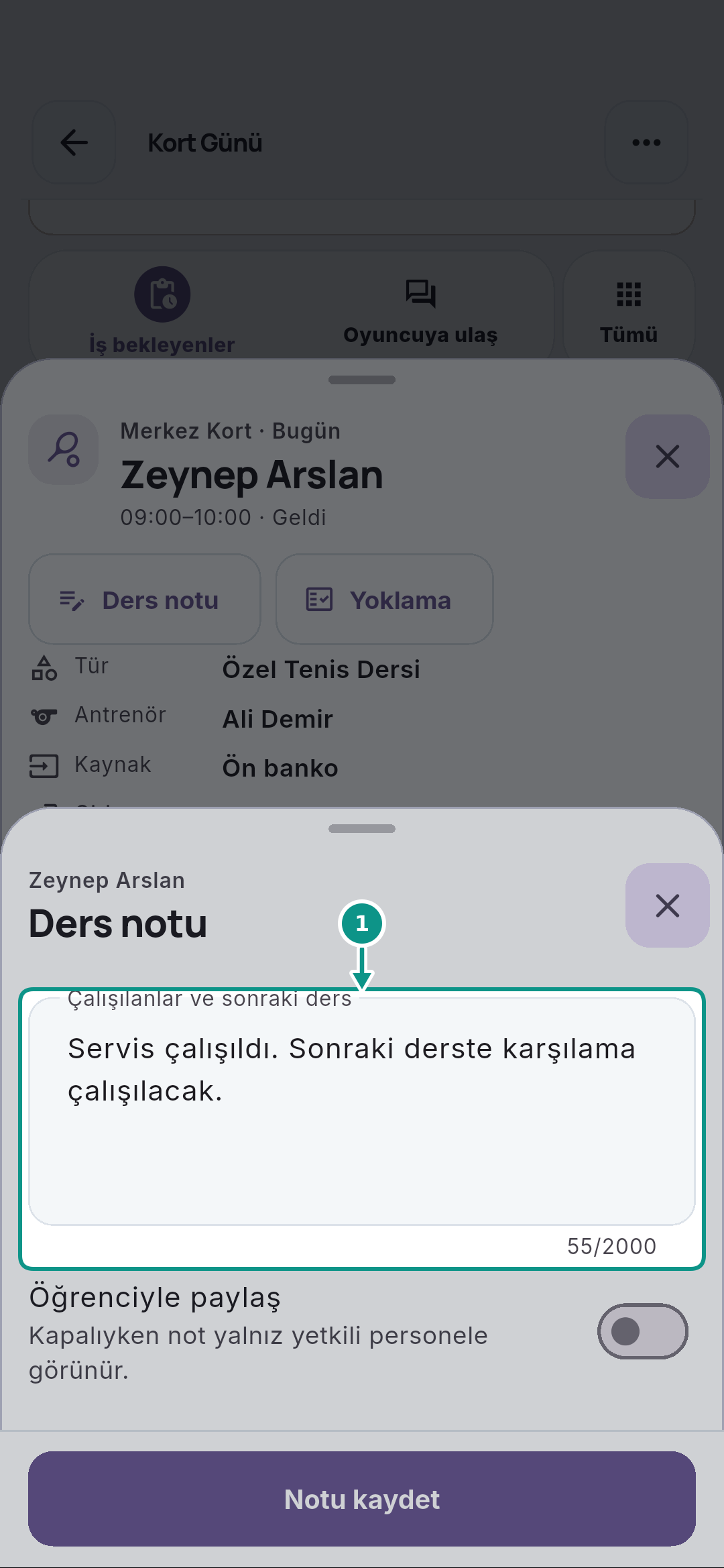 Antrenörün Bugünüm ekranında dersini bulması: Ders odağını okuyun
