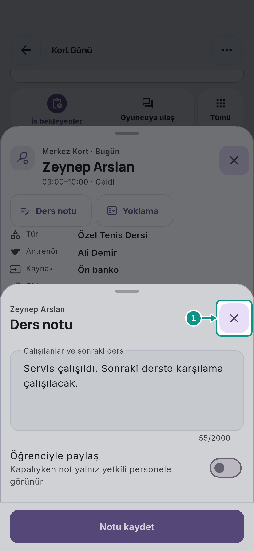 Antrenörün Bugünüm ekranında dersini bulması: Derse geri dönün