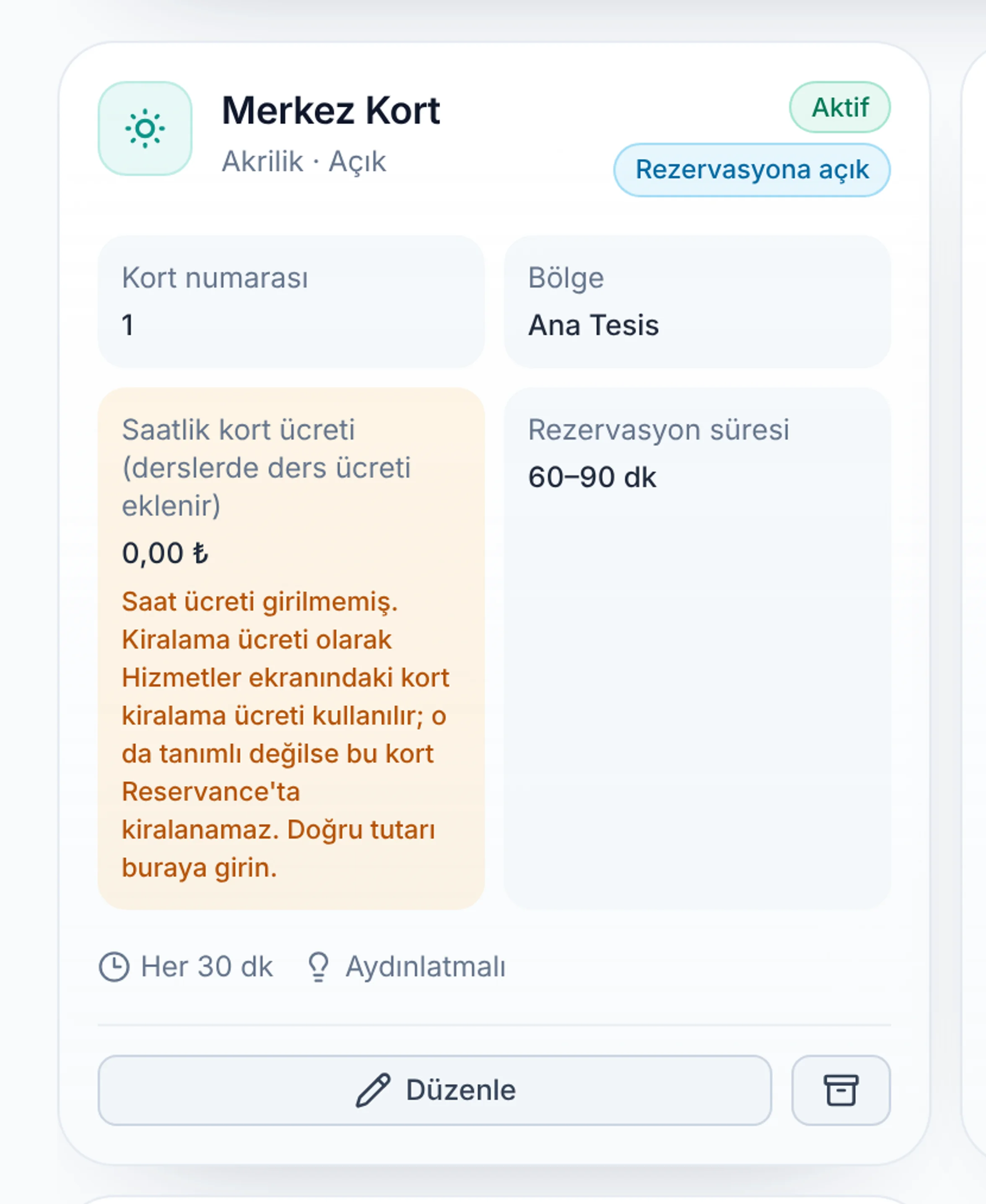 Kort eklemek ve rezervasyona açık tutmak: Kort listesini inceleyin