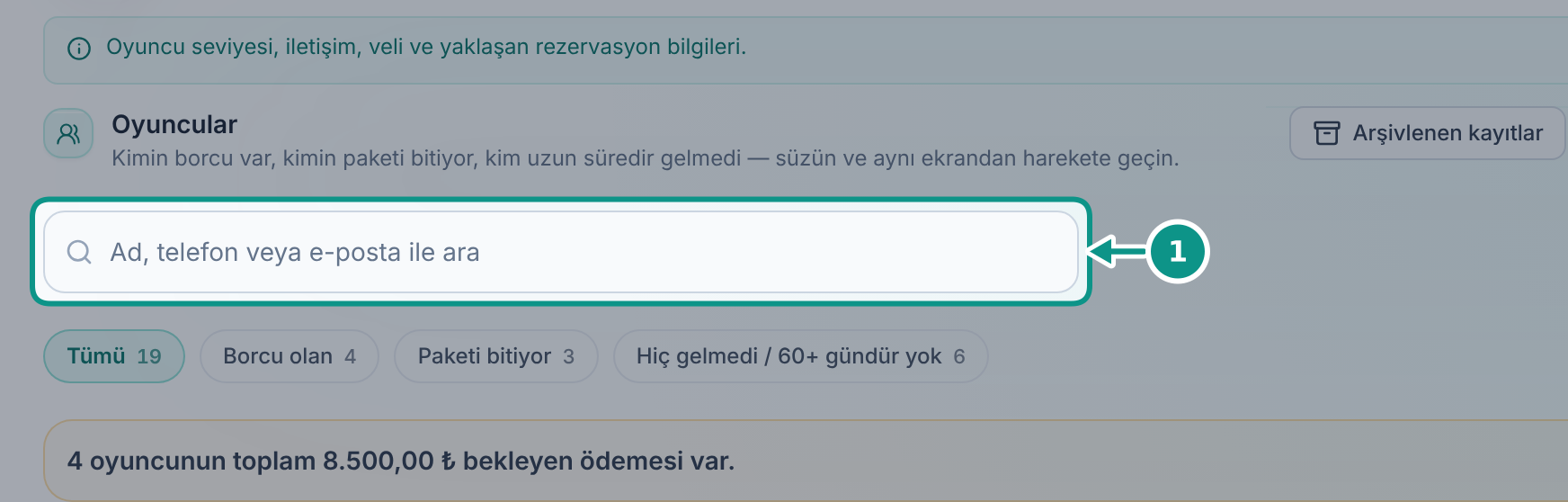 Oyuncu kartını ve ClubFlow bağlantısını okumak: Oyuncu aramasını bulun