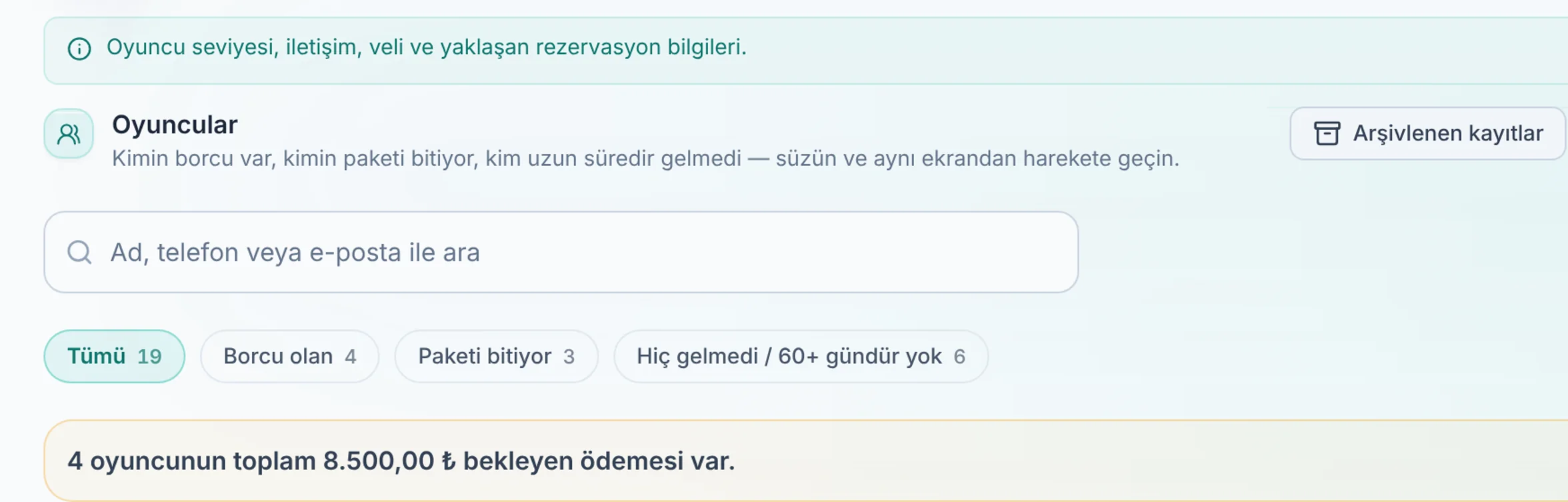 Ad, telefon veya e-posta ile ara için yakın görünüm