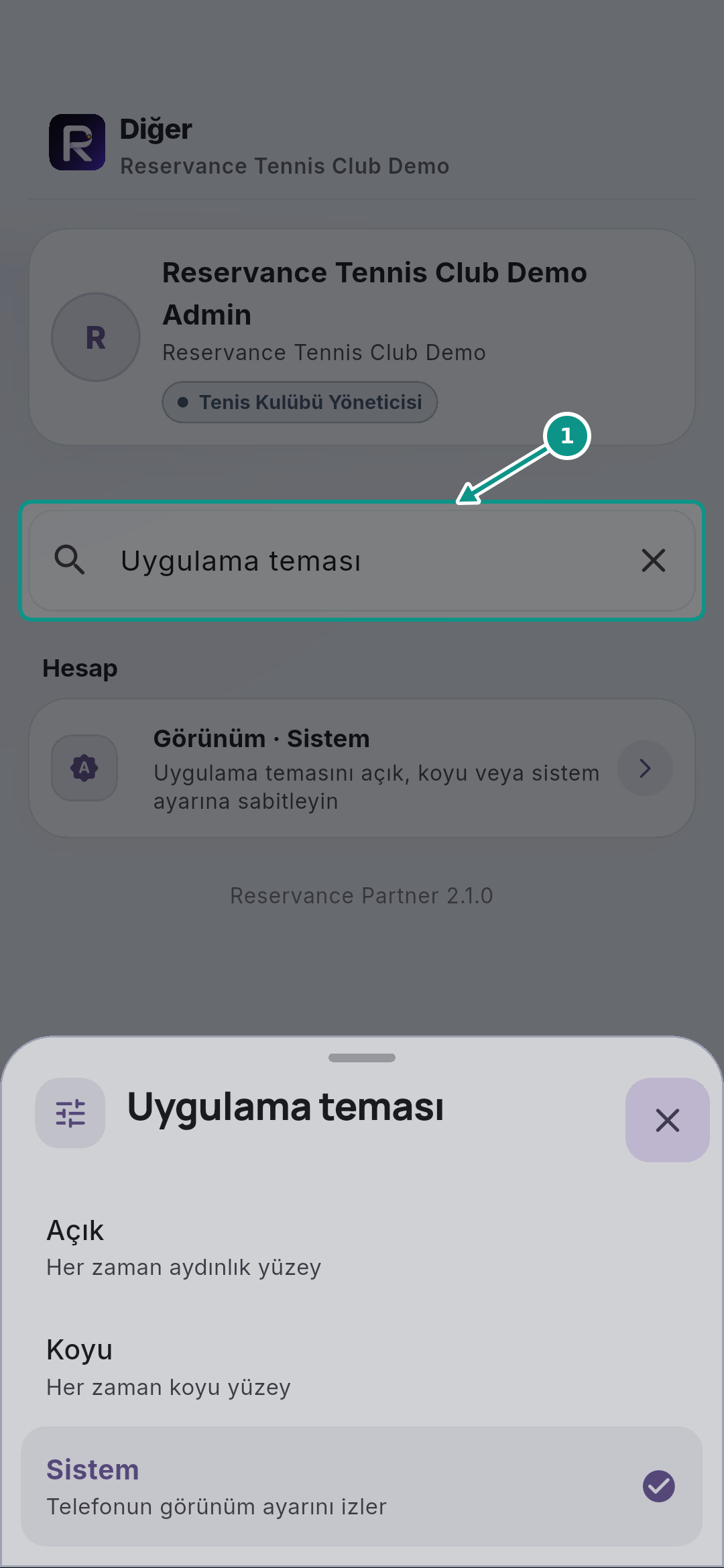 Hesap, bildirim tercihleri ve güvenli çıkış: Menüde arayın