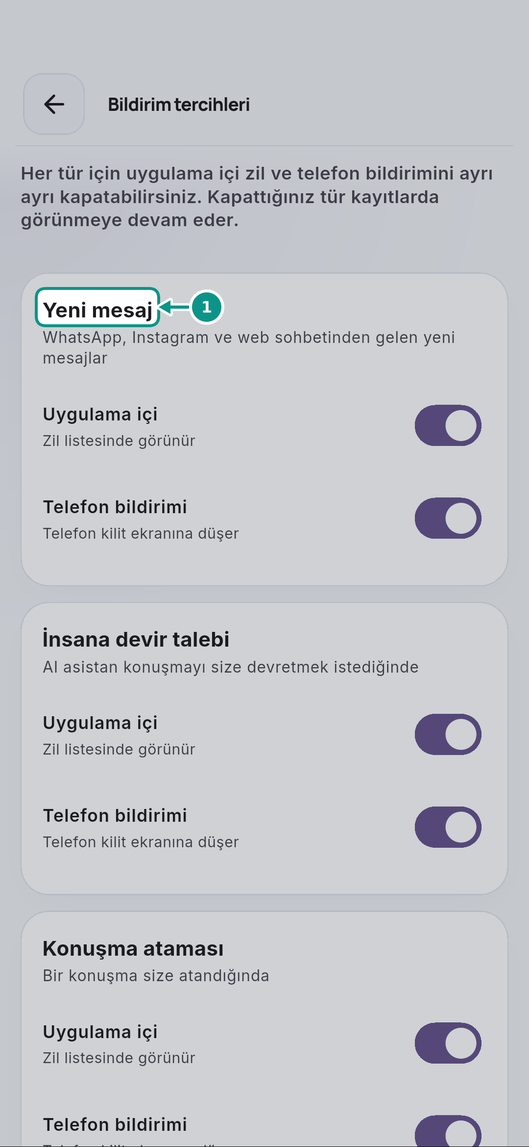 Hesap, bildirim tercihleri ve güvenli çıkış: Bildirim türünü okuyun