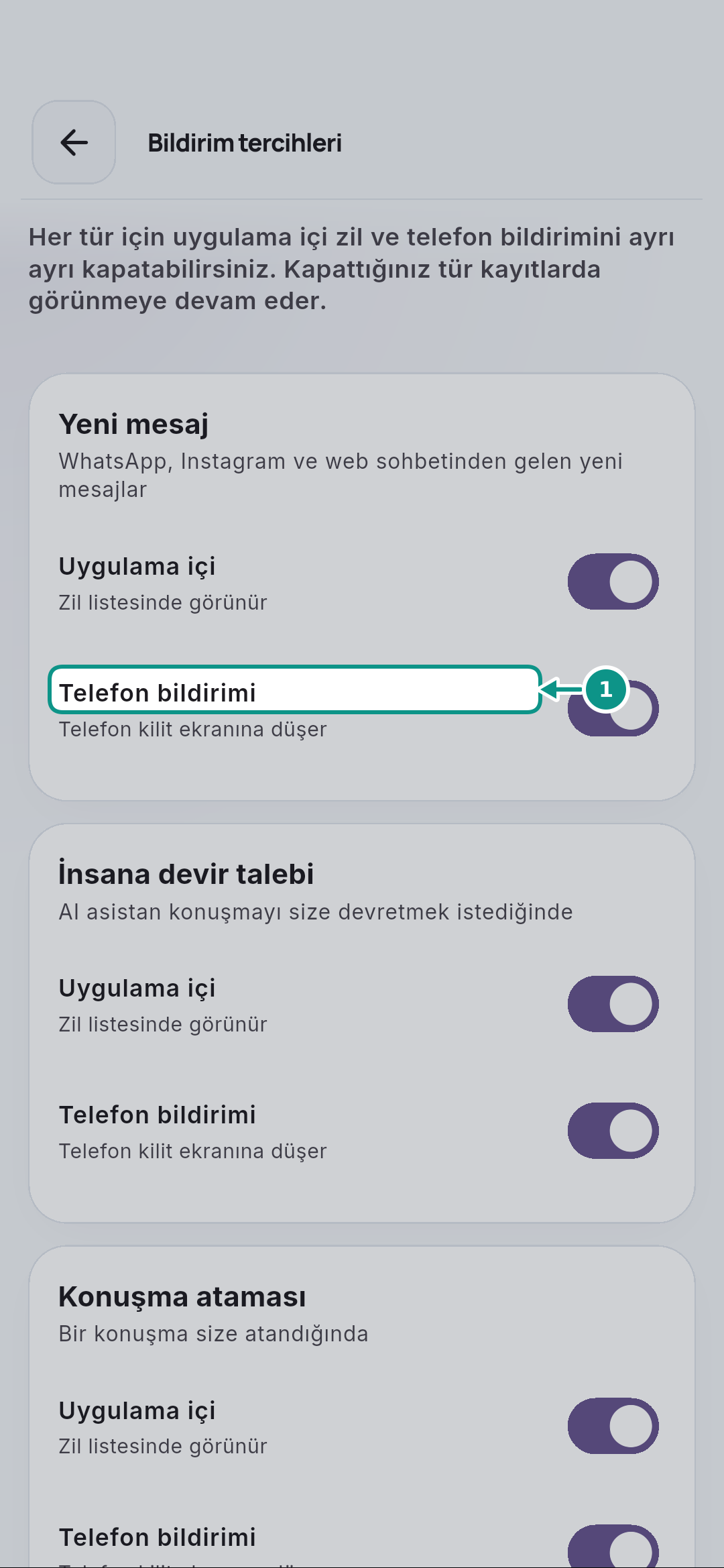 Hesap, bildirim tercihleri ve güvenli çıkış: Telefon bildirimini ayırın
