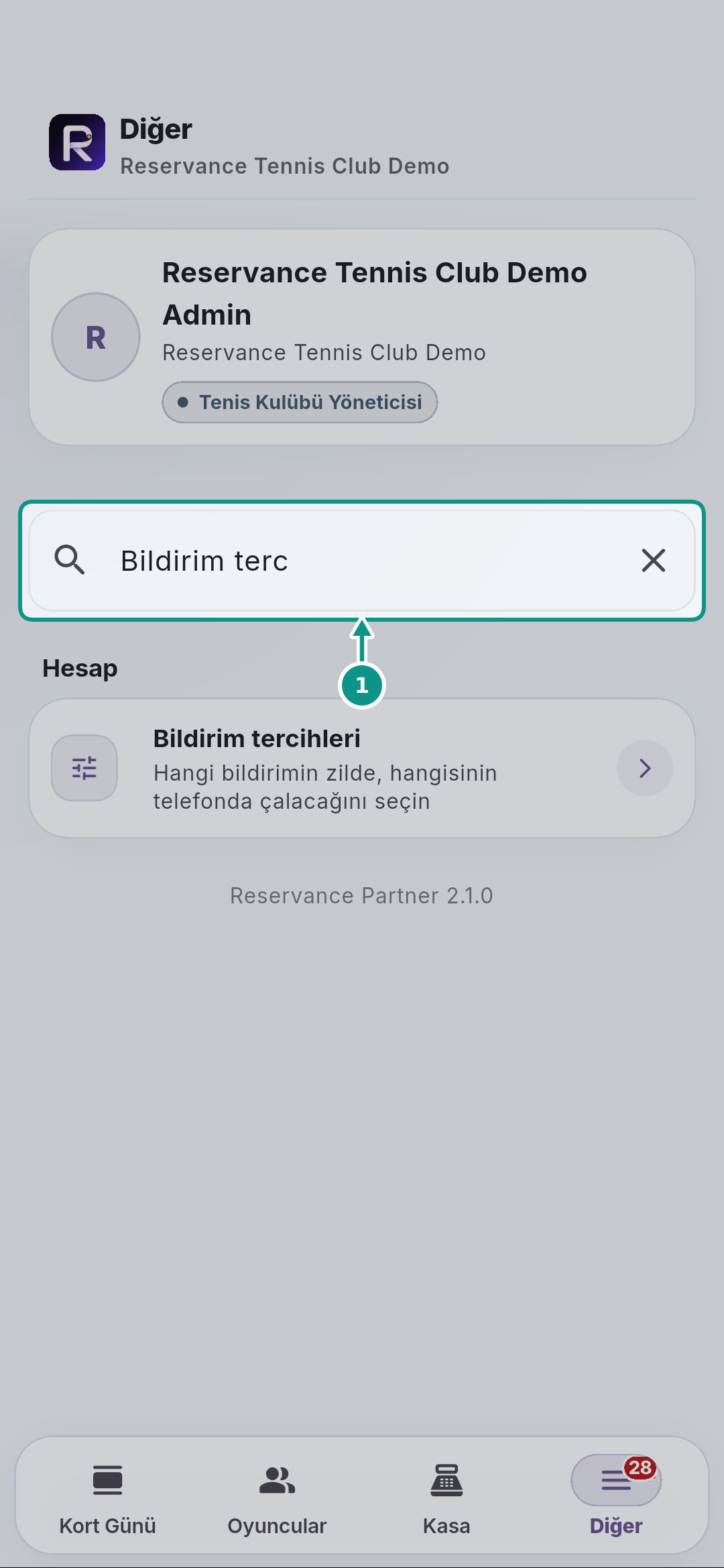 Hesap, bildirim tercihleri ve güvenli çıkış: Menüde arayın