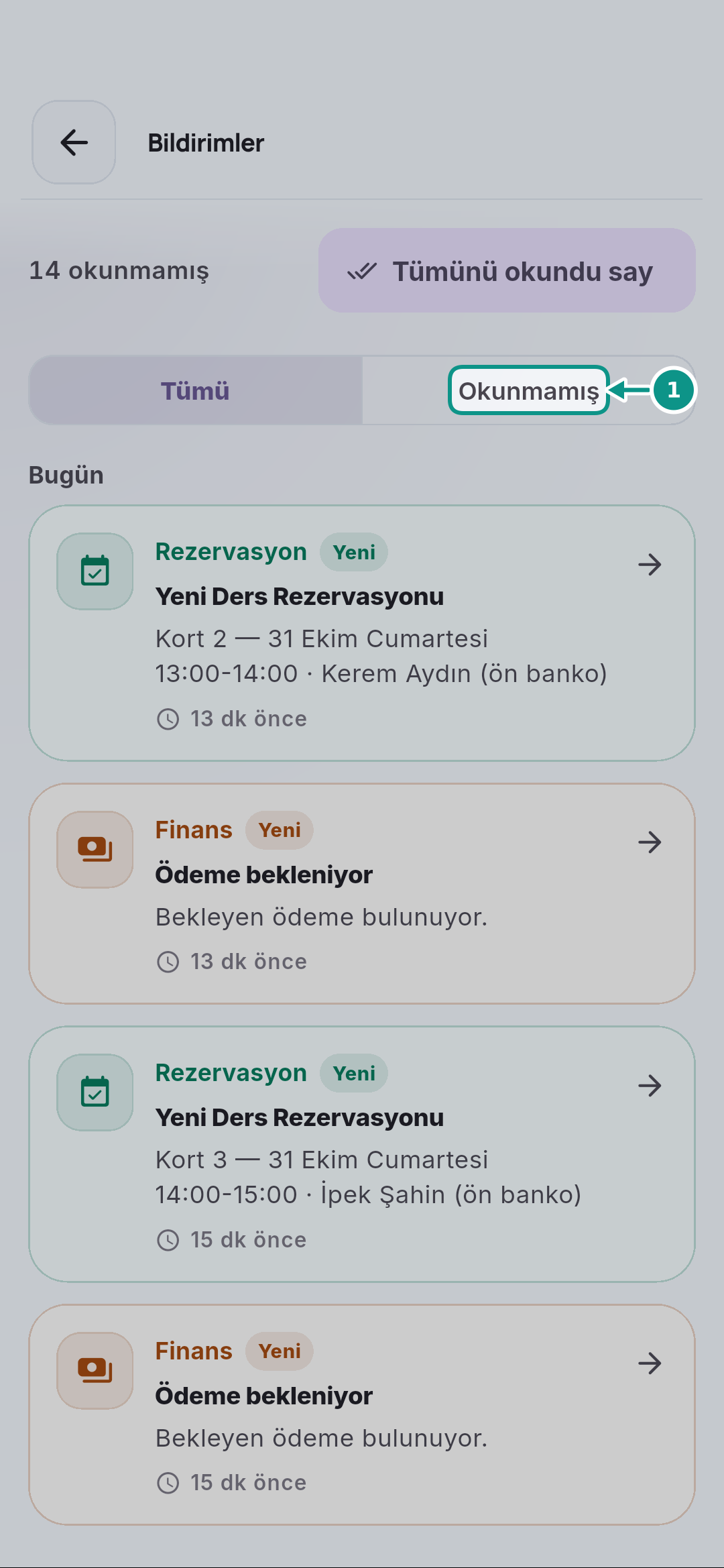 Bildirimleri ve bekleyen günlük işleri takip etmek: Okunmamışlara geçin