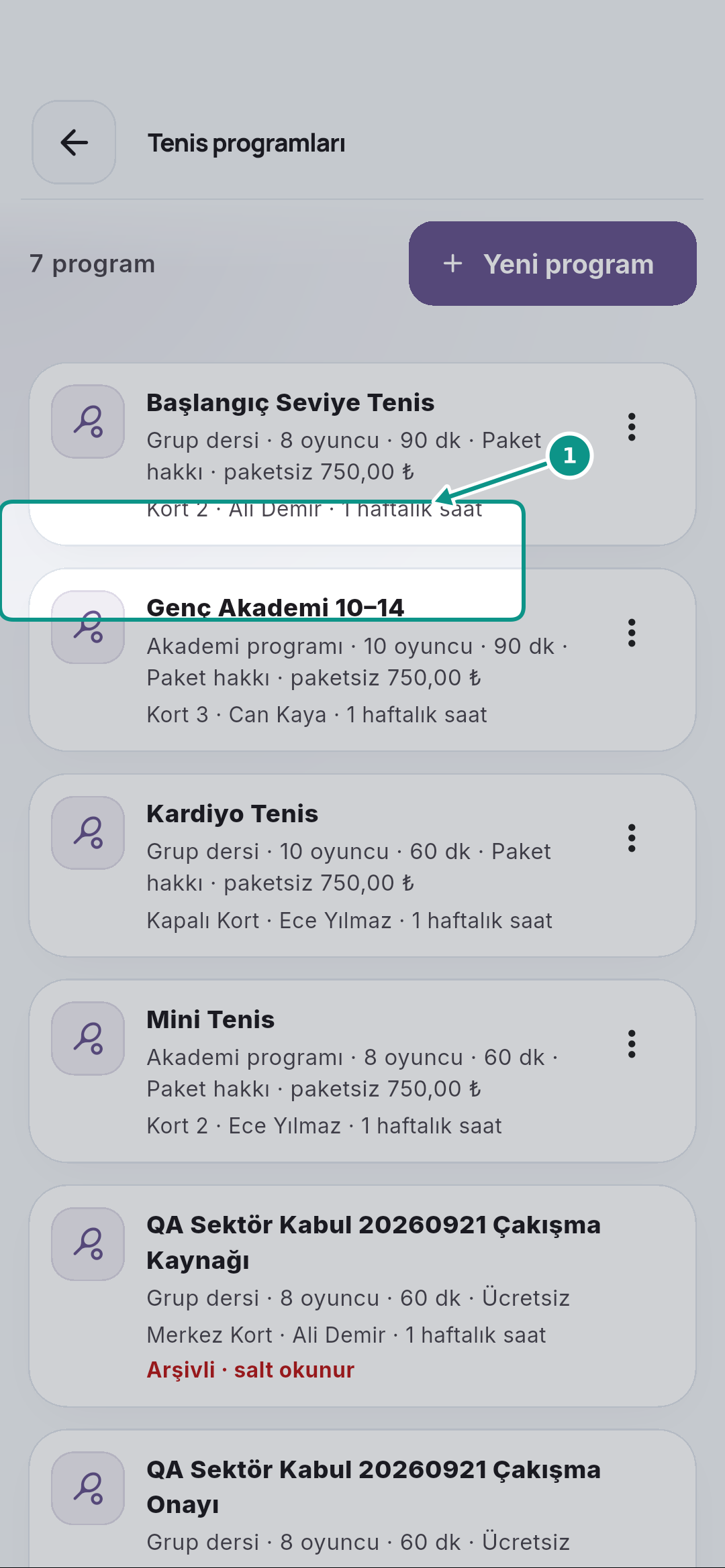 Tenis programları ve günlük dersleri ayırmak: Menüde arayın