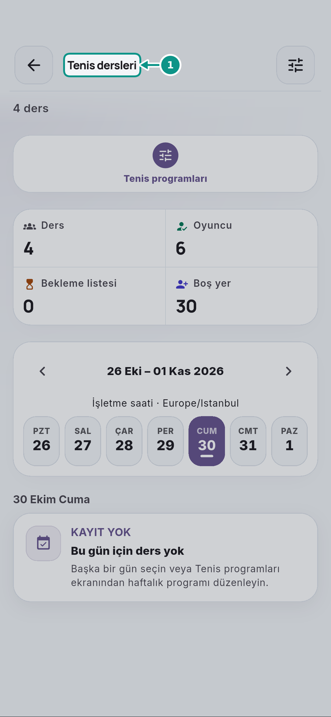 Tenis programları ve günlük dersleri ayırmak: Oturum kapsamını okuyun