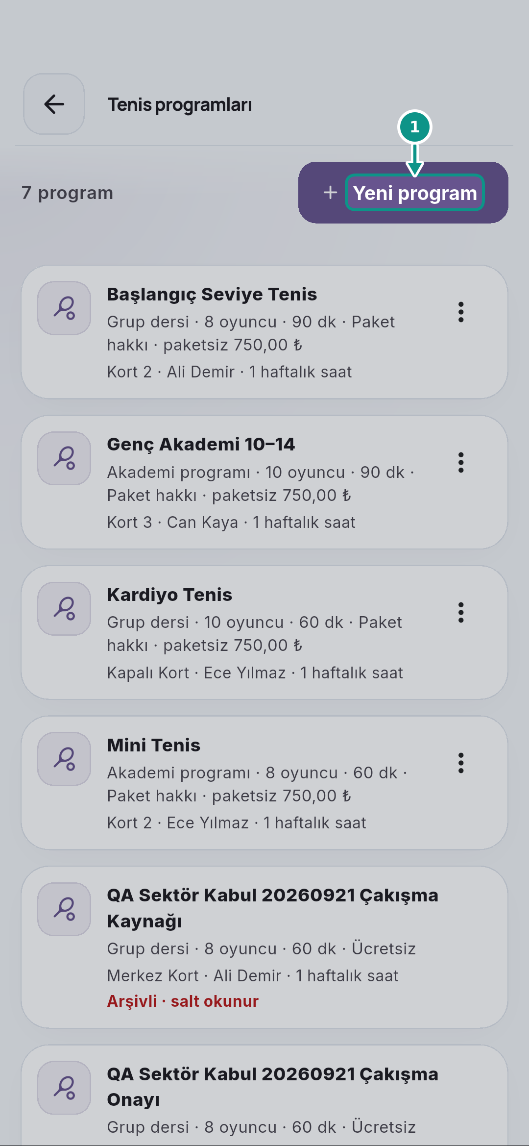 Tenis programları ve günlük dersleri ayırmak: Yeni program formunu açın