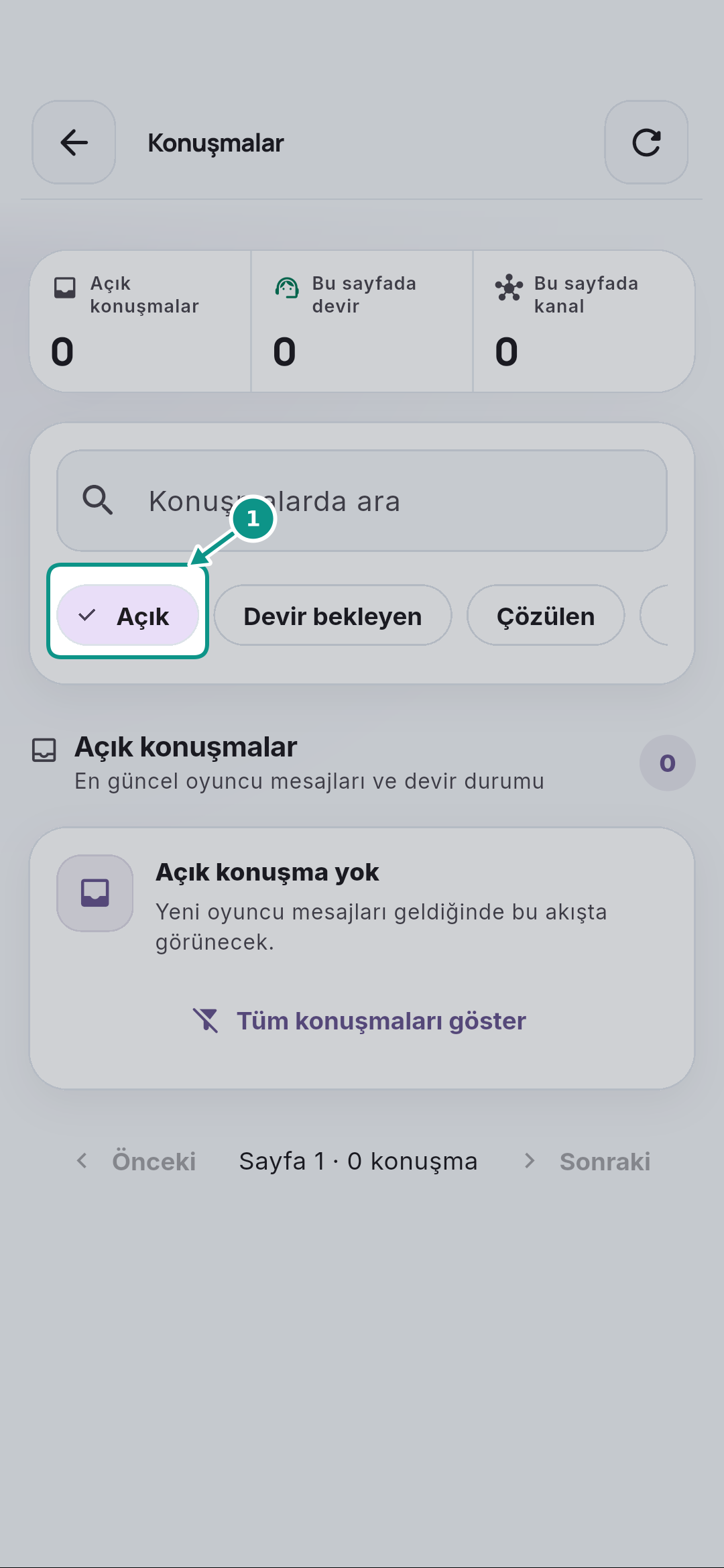 Konuşmalar: devir bekleyen mesajı ve yanıt alanını okumak: Açık konuşmaları görün