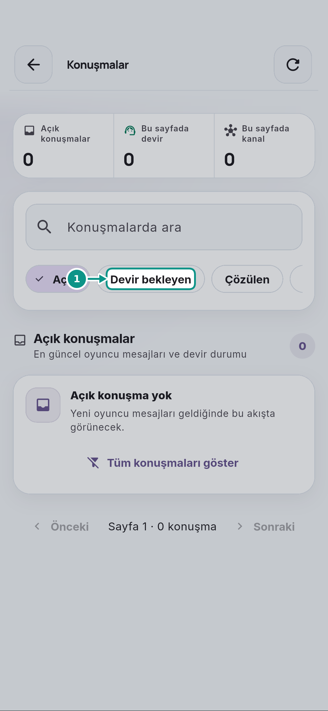 Konuşmalar: devir bekleyen mesajı ve yanıt alanını okumak: Devir bekleyenleri ayırın