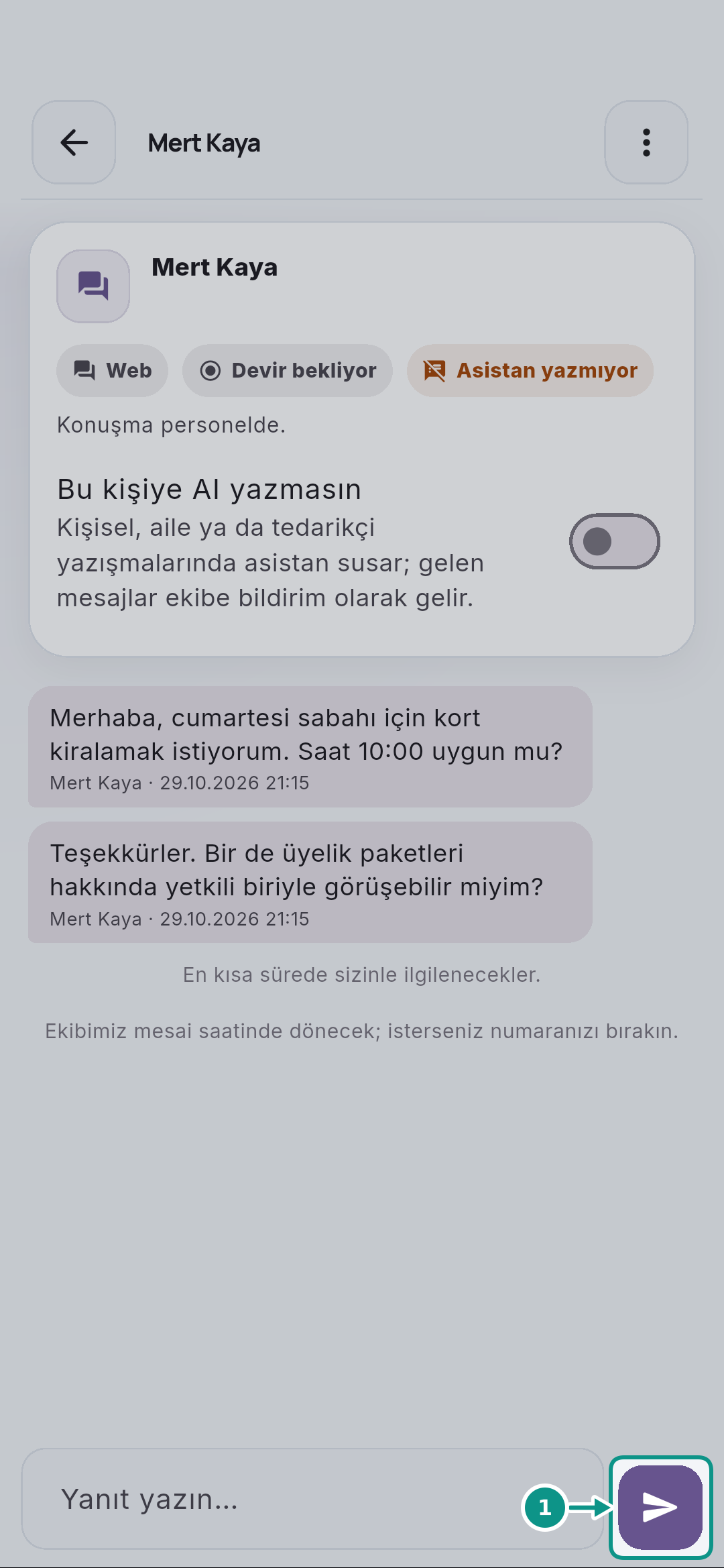 Konuşmalar: devir bekleyen mesajı ve yanıt alanını okumak: Gönderim sınırını bilin
