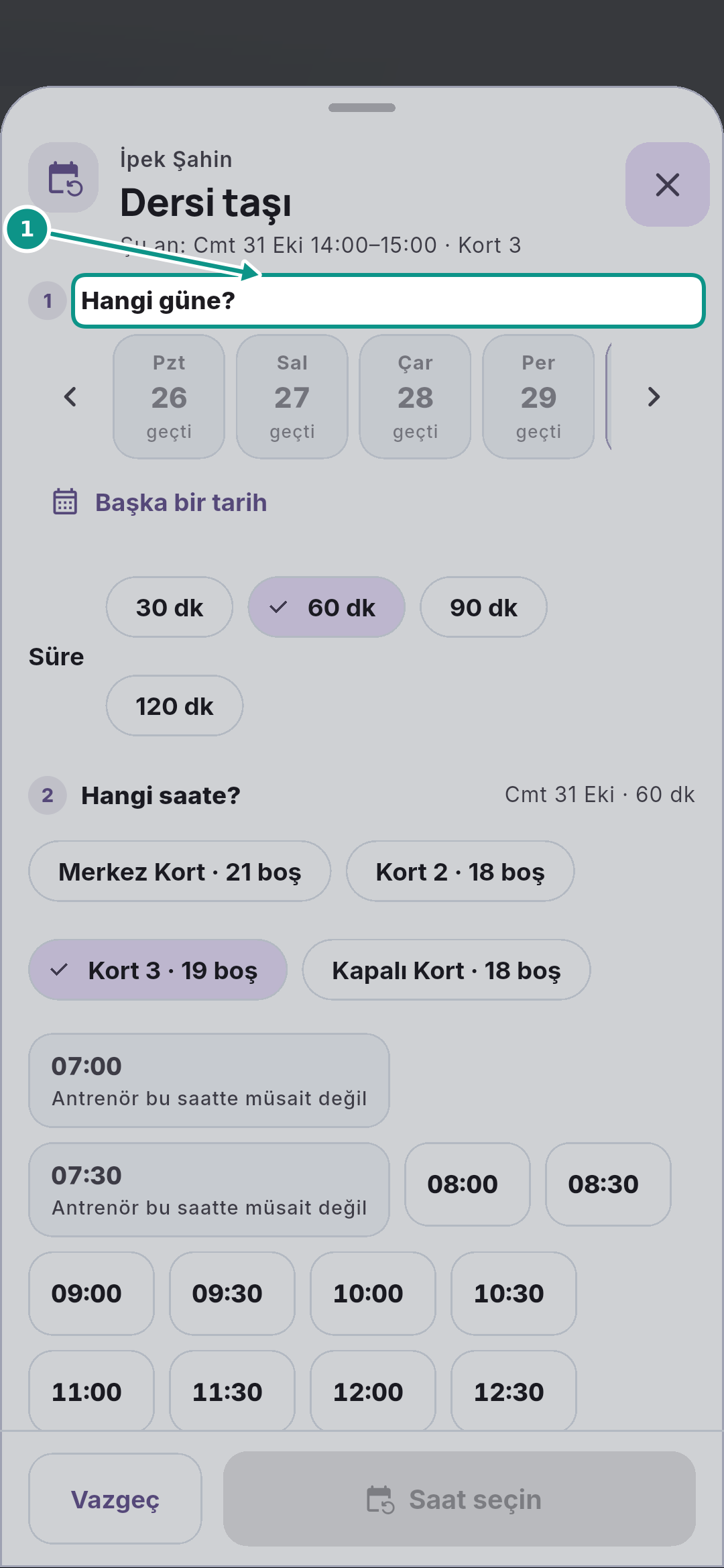 Rezervasyonu taşımak, iptal ve gelmedi kapsamı: Günü kontrol edin
