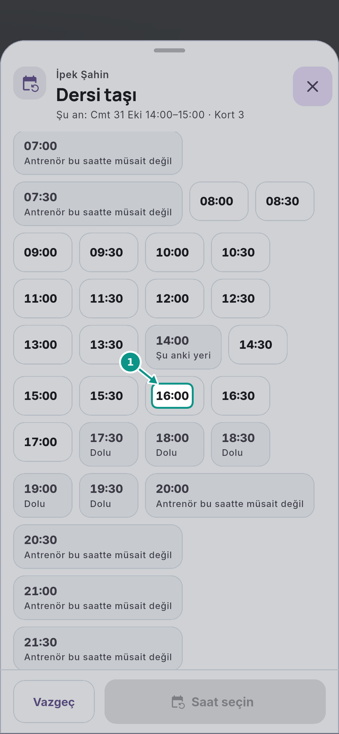 Rezervasyonu taşımak, iptal ve gelmedi kapsamı: Yeni saati seçin