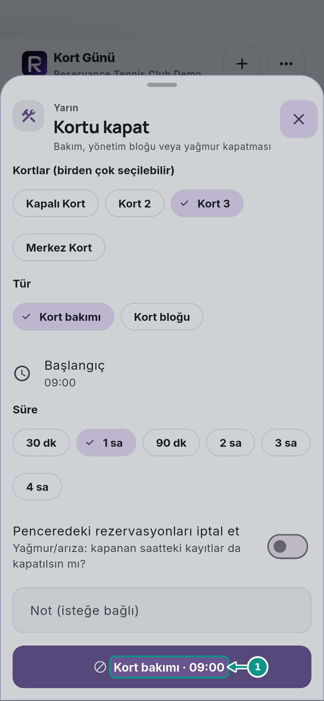 Bakım için kort kapatmak ve kapamayı kaldırmak: Bakımı kaydedin