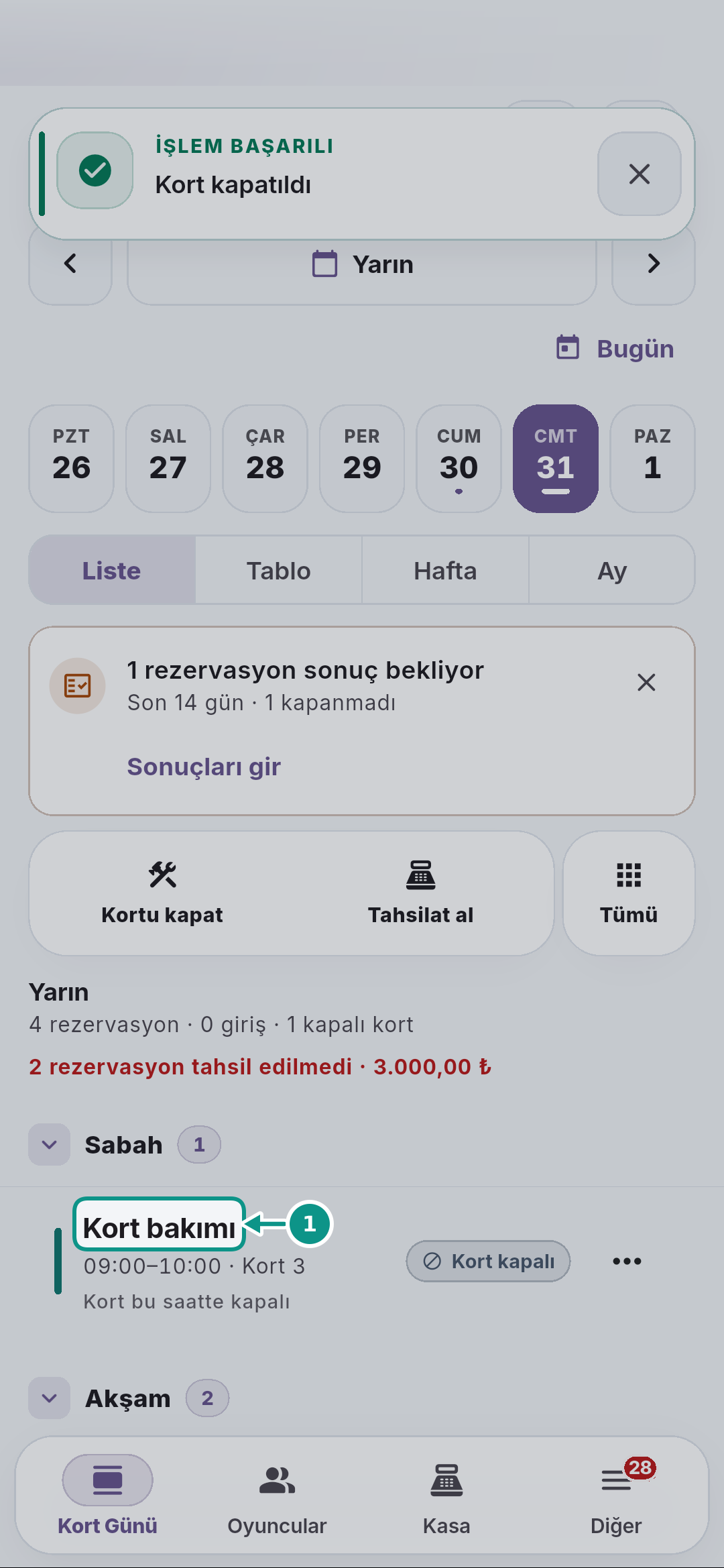 Bakım için kort kapatmak ve kapamayı kaldırmak: Bakım kaydını açın
