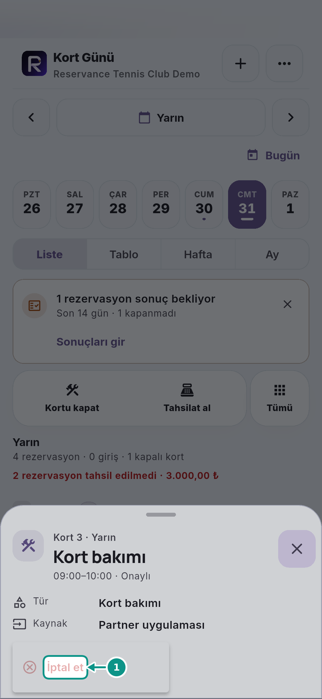 Bakım için kort kapatmak ve kapamayı kaldırmak: Kapamayı kaldırmayı açın