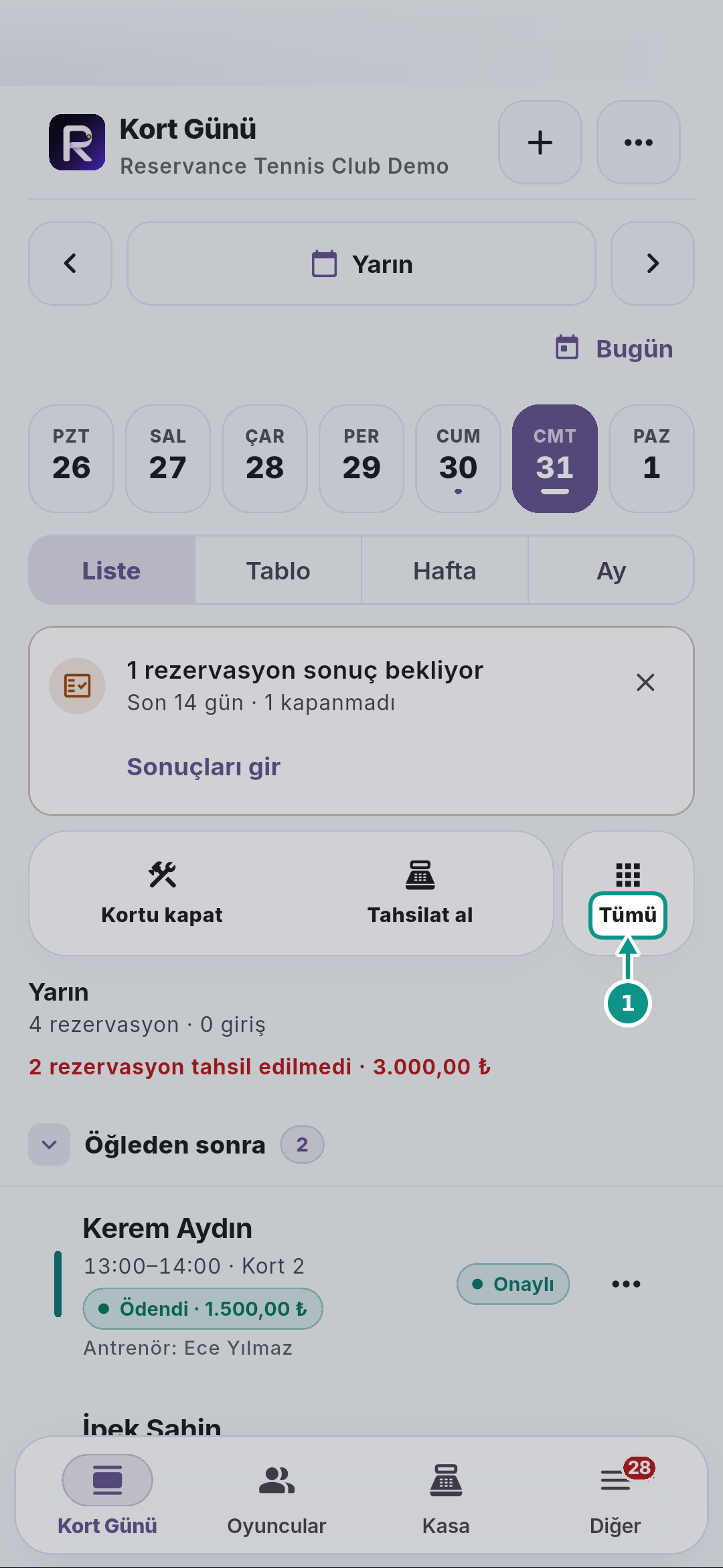 Bakım için kort kapatmak ve kapamayı kaldırmak: Hızlı işlemleri açın