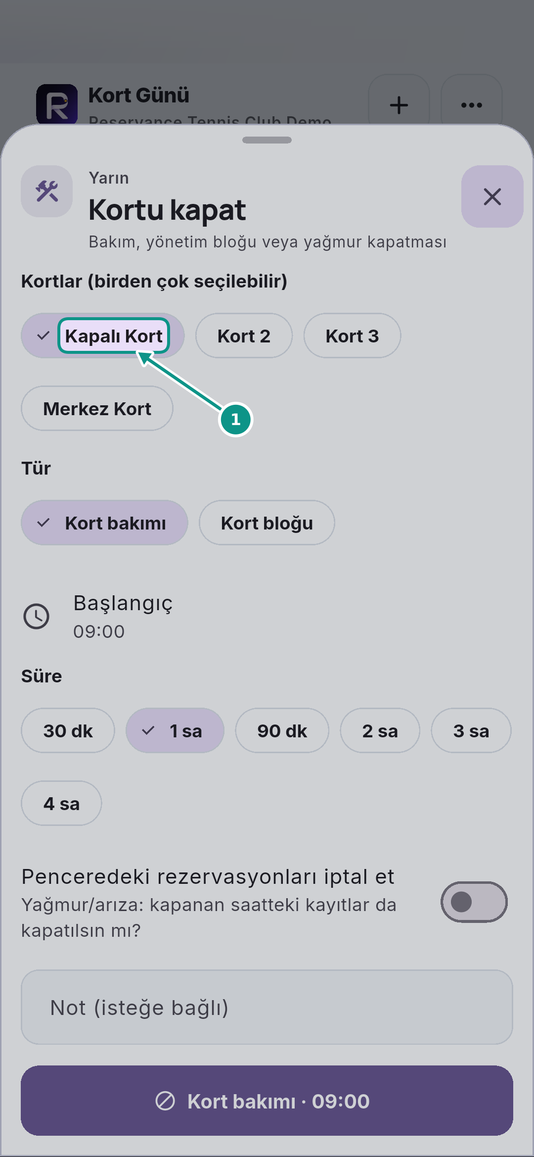 Bakım için kort kapatmak ve kapamayı kaldırmak: Varsayılan kortu kaldırın
