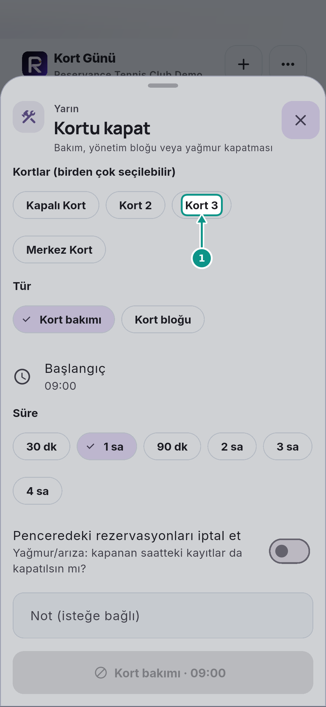Bakım için kort kapatmak ve kapamayı kaldırmak: Kapatılacak kortu seçin