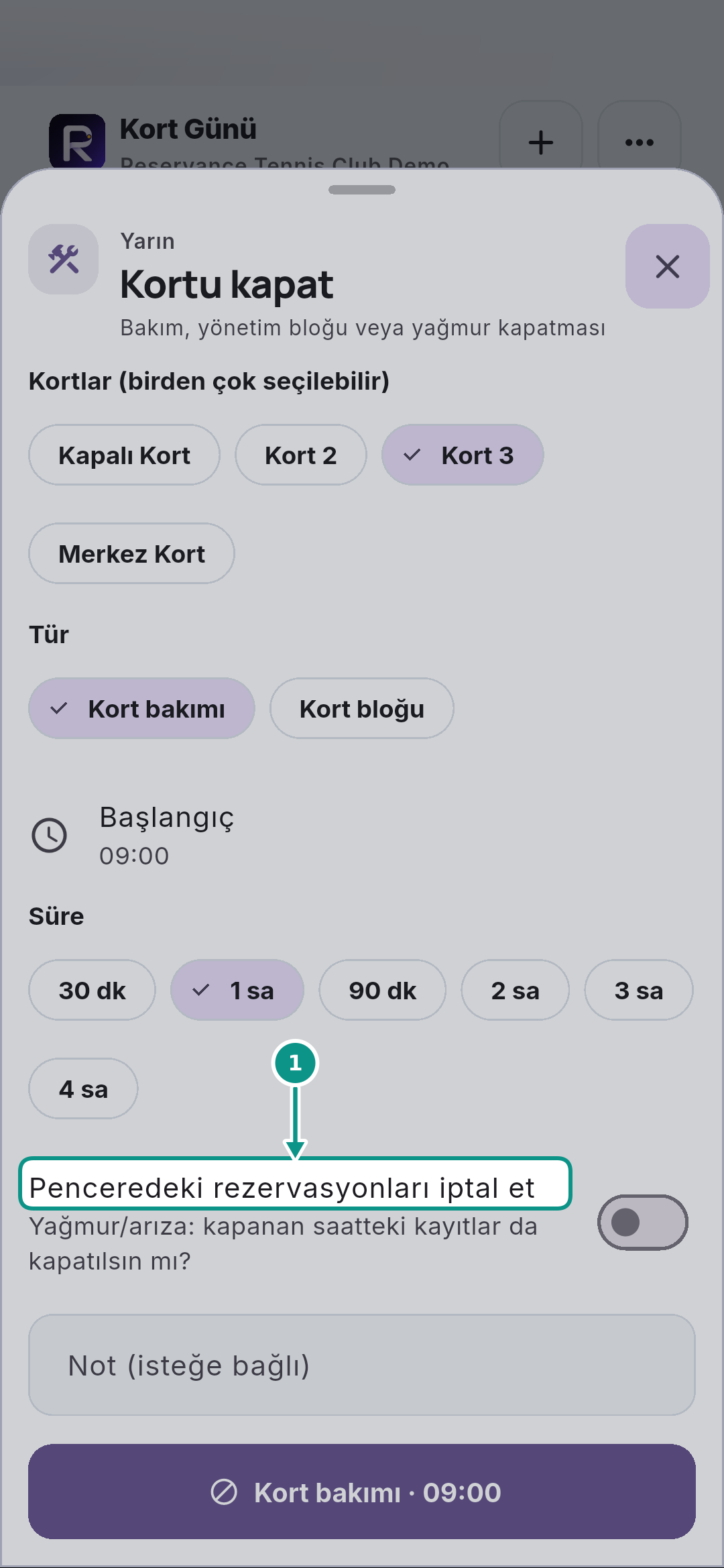 Bakım için kort kapatmak ve kapamayı kaldırmak: Rezervasyonları koruyun