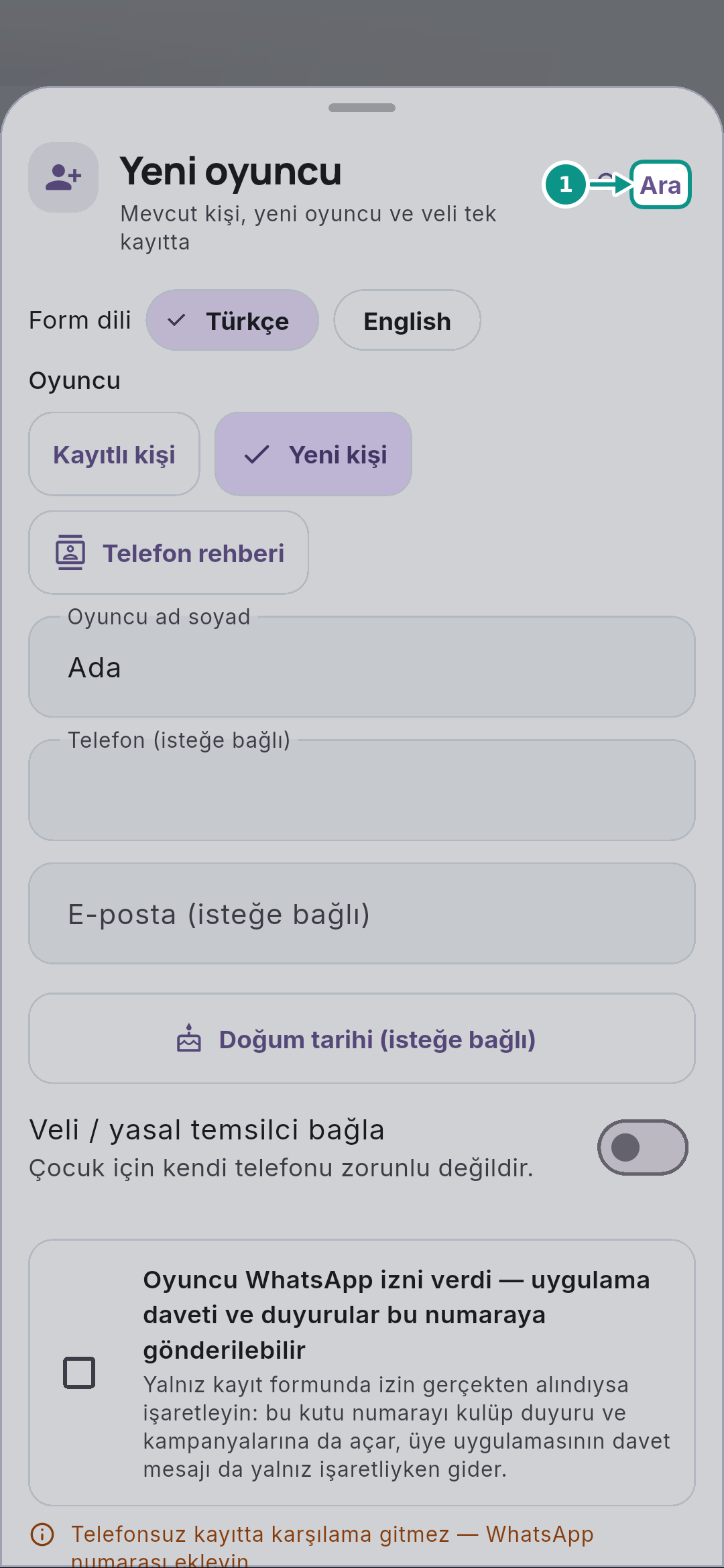 Oyuncu bulmak ve yeni kayıt formunu tanımak: Aramaya geri dönün