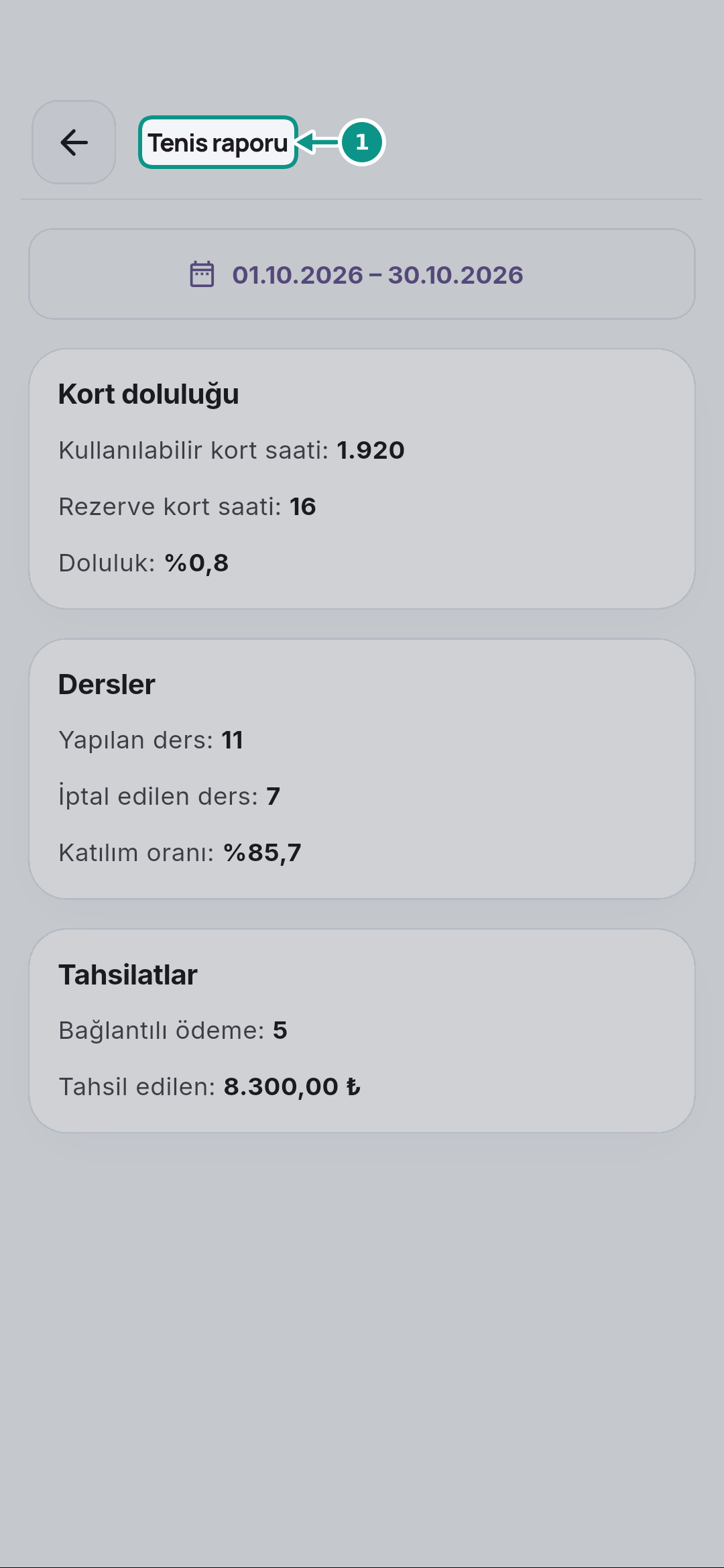 Tenis raporunda doluluk, ders ve tahsilat okumak: Raporu kapatın