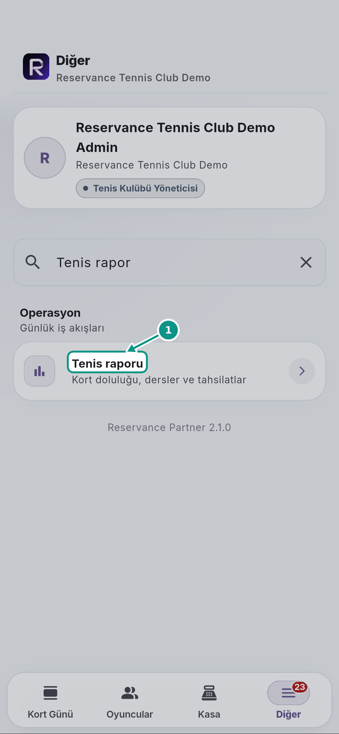 Tenis raporunda doluluk, ders ve tahsilat okumak: Raporu açın