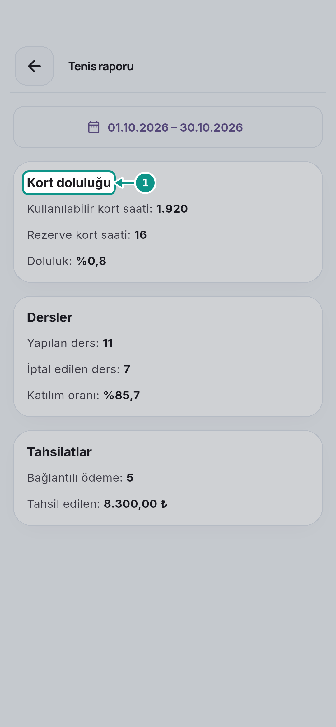 Tenis raporunda doluluk, ders ve tahsilat okumak: Eksik ölçüyü ayırın
