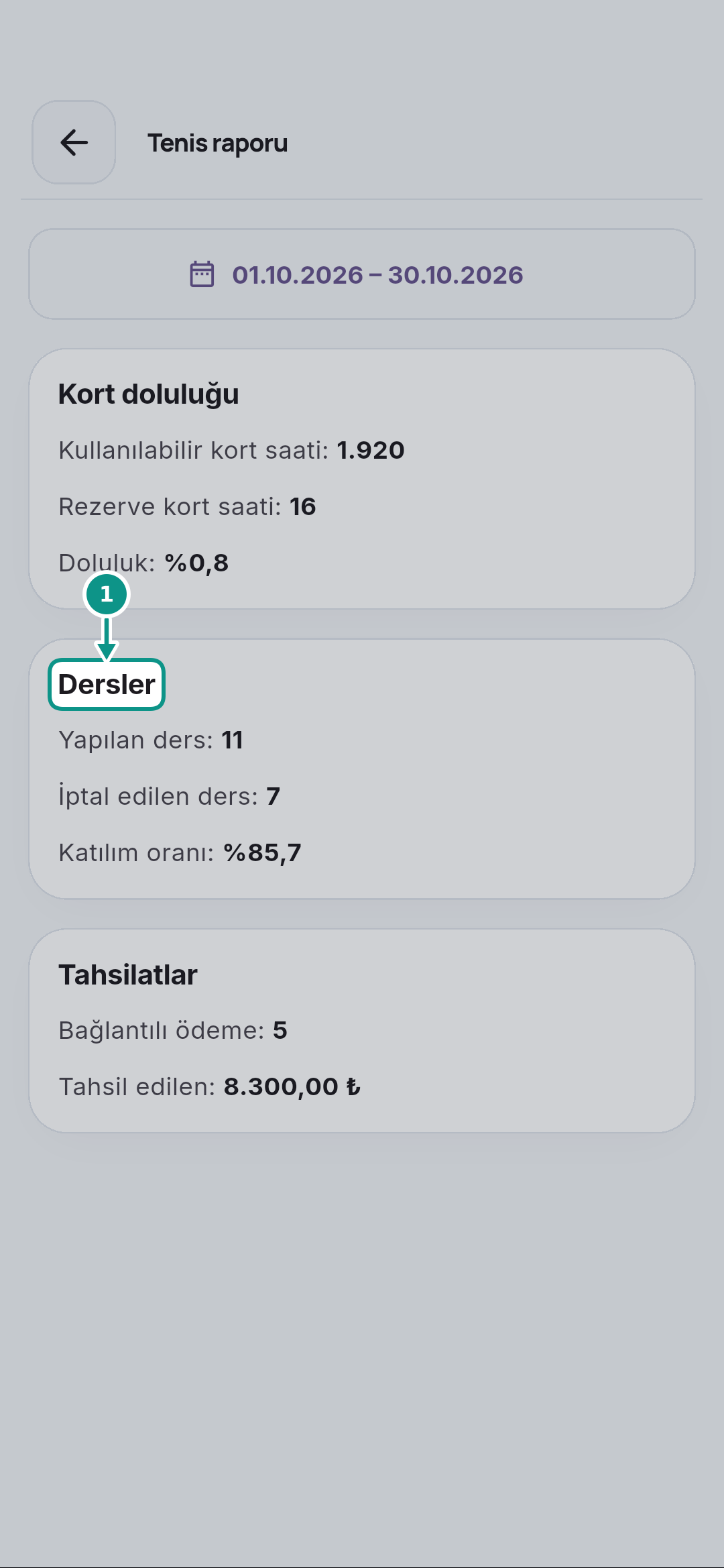 Tenis raporunda doluluk, ders ve tahsilat okumak: Ders sonuçlarına geçin