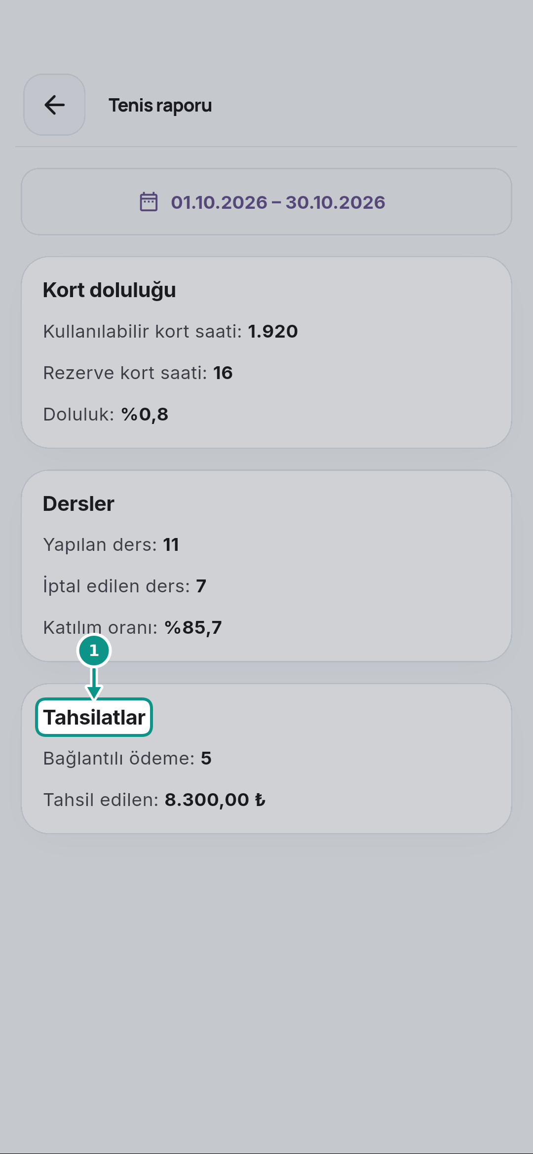 Tenis raporunda doluluk, ders ve tahsilat okumak: Gerçek tahsilatı ayırın