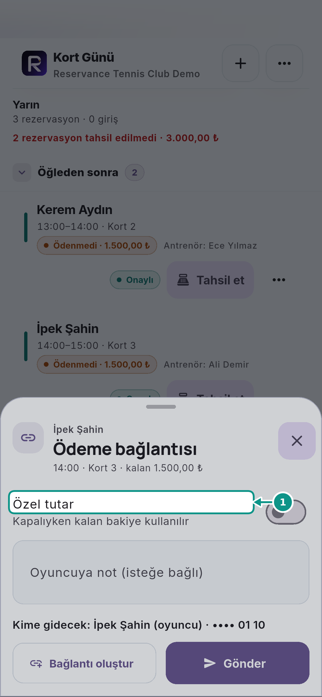 Rezervasyon detayında kaynak, katılım ve ödeme: Bağlantı tutarını ayırın
