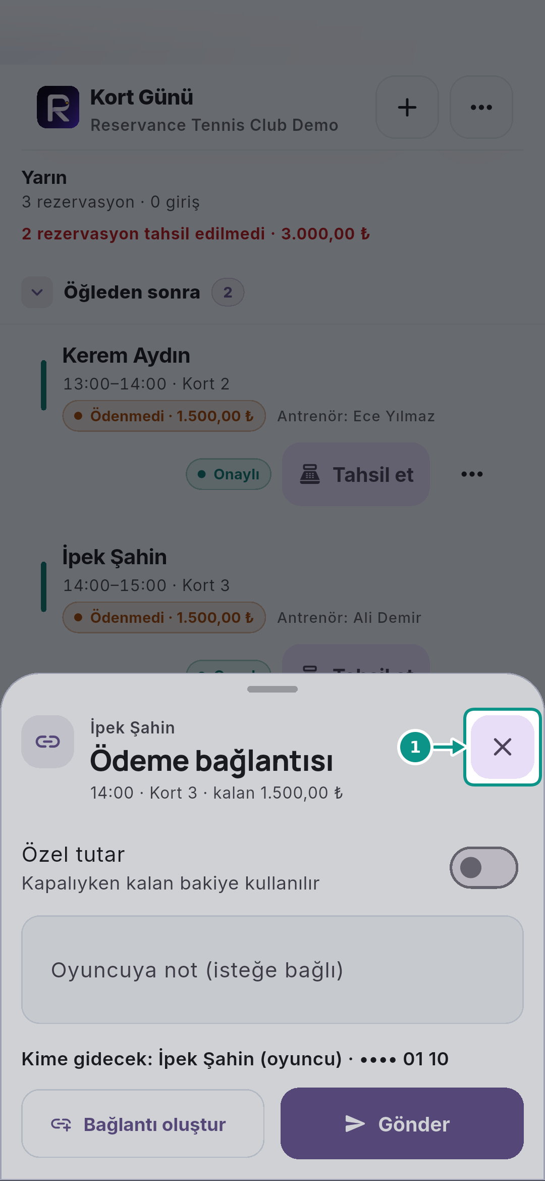 Rezervasyon detayında kaynak, katılım ve ödeme: Pencereyi kapatın