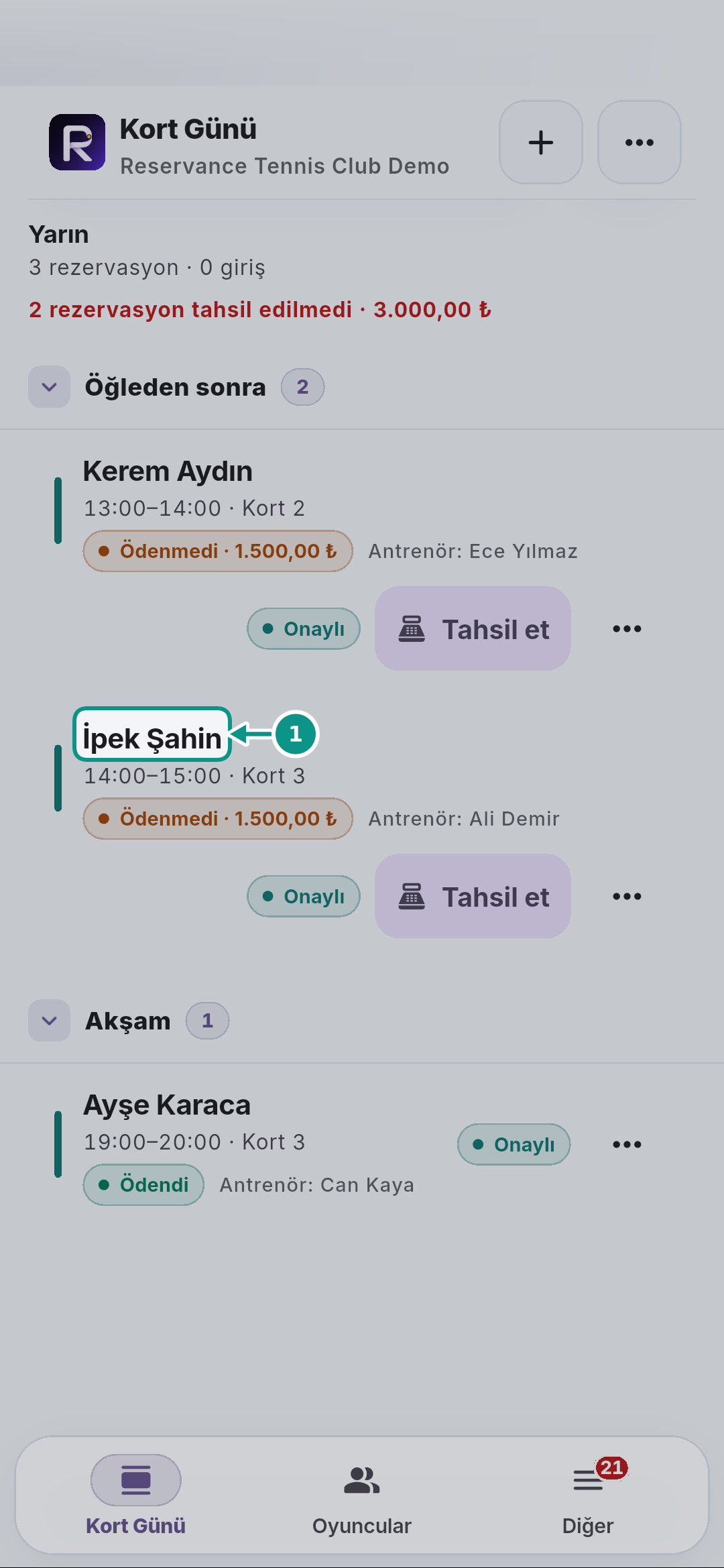 Rezervasyon detayında kaynak, katılım ve ödeme: Kaydı açın