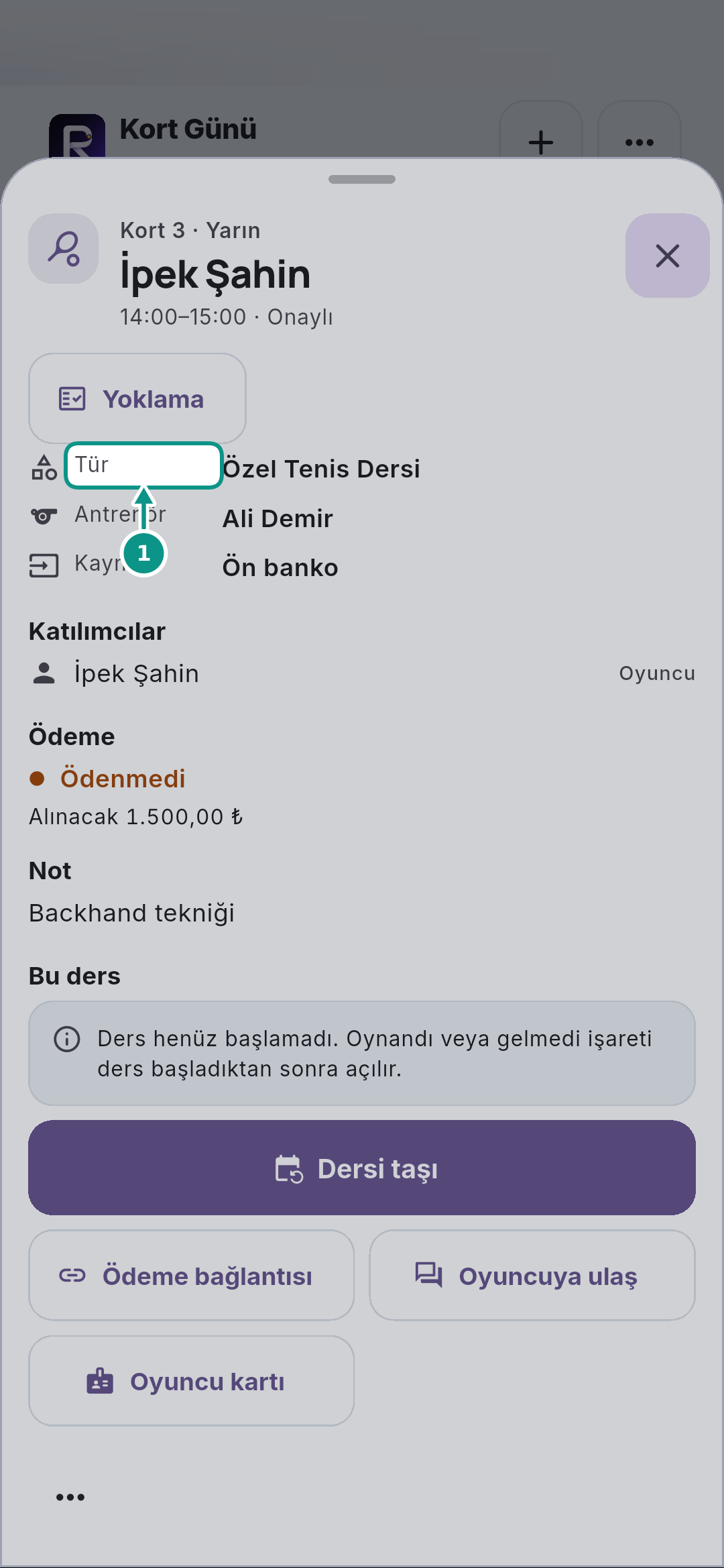 Rezervasyon detayında kaynak, katılım ve ödeme: Rezervasyon türünü okuyun