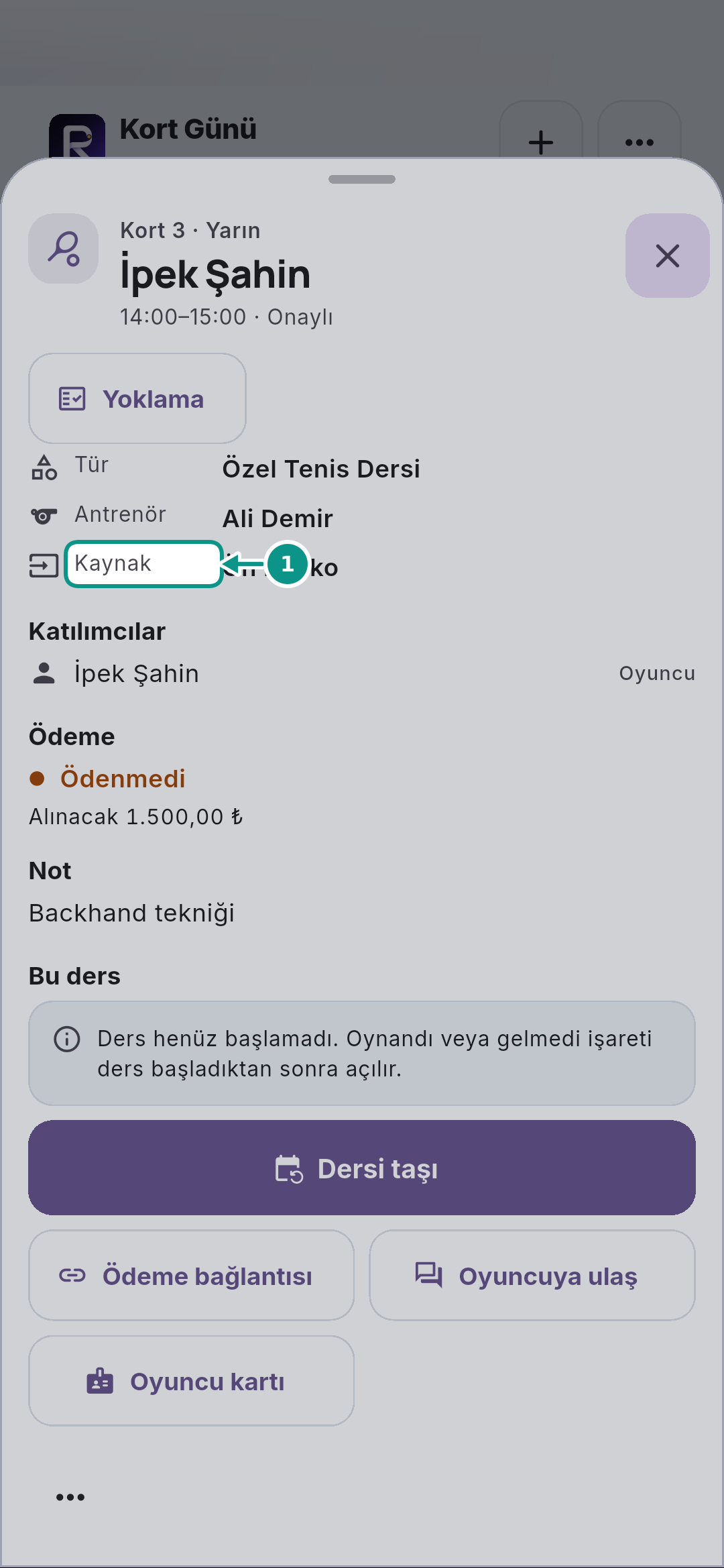 Rezervasyon detayında kaynak, katılım ve ödeme: Kaynağı kontrol edin